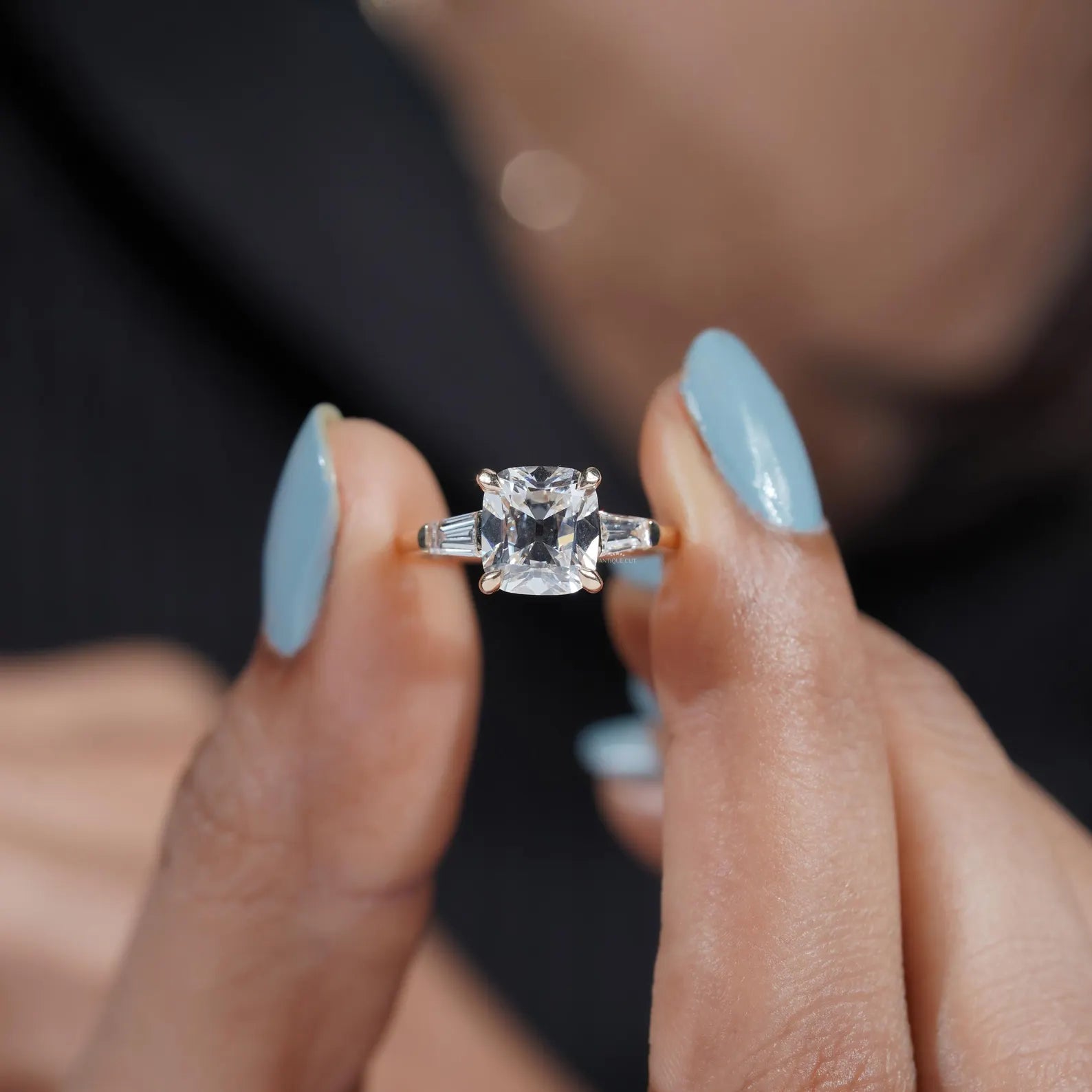 3.10tcw Cushion-Cut Lab Diamond Ring | Tapered Baguette Side Stones | Elegant Gold Engagement Ring