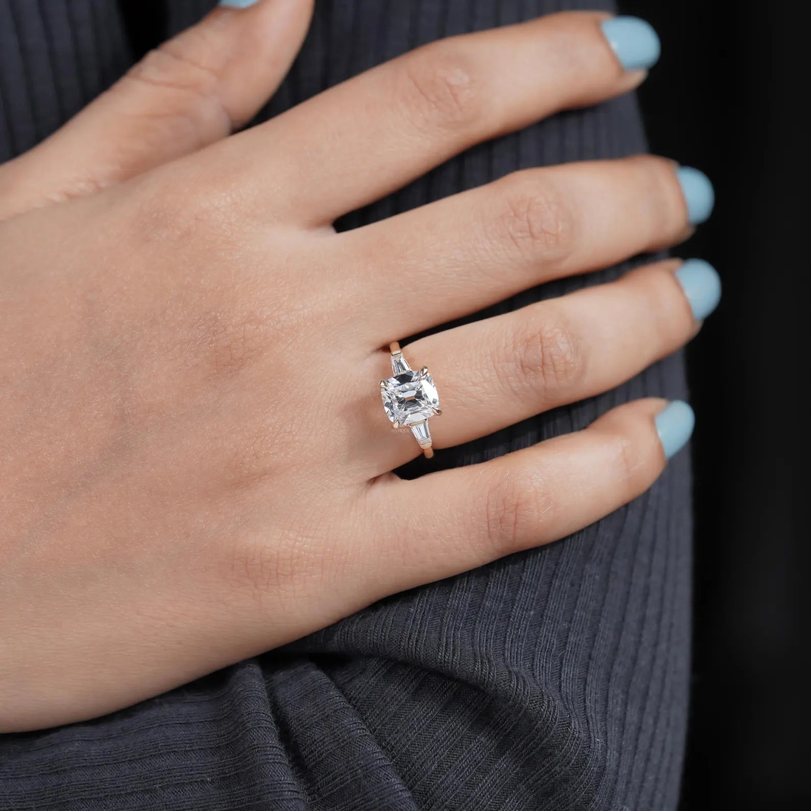 3.10tcw Cushion-Cut Lab Diamond Ring | Tapered Baguette Side Stones | Elegant Gold Engagement Ring