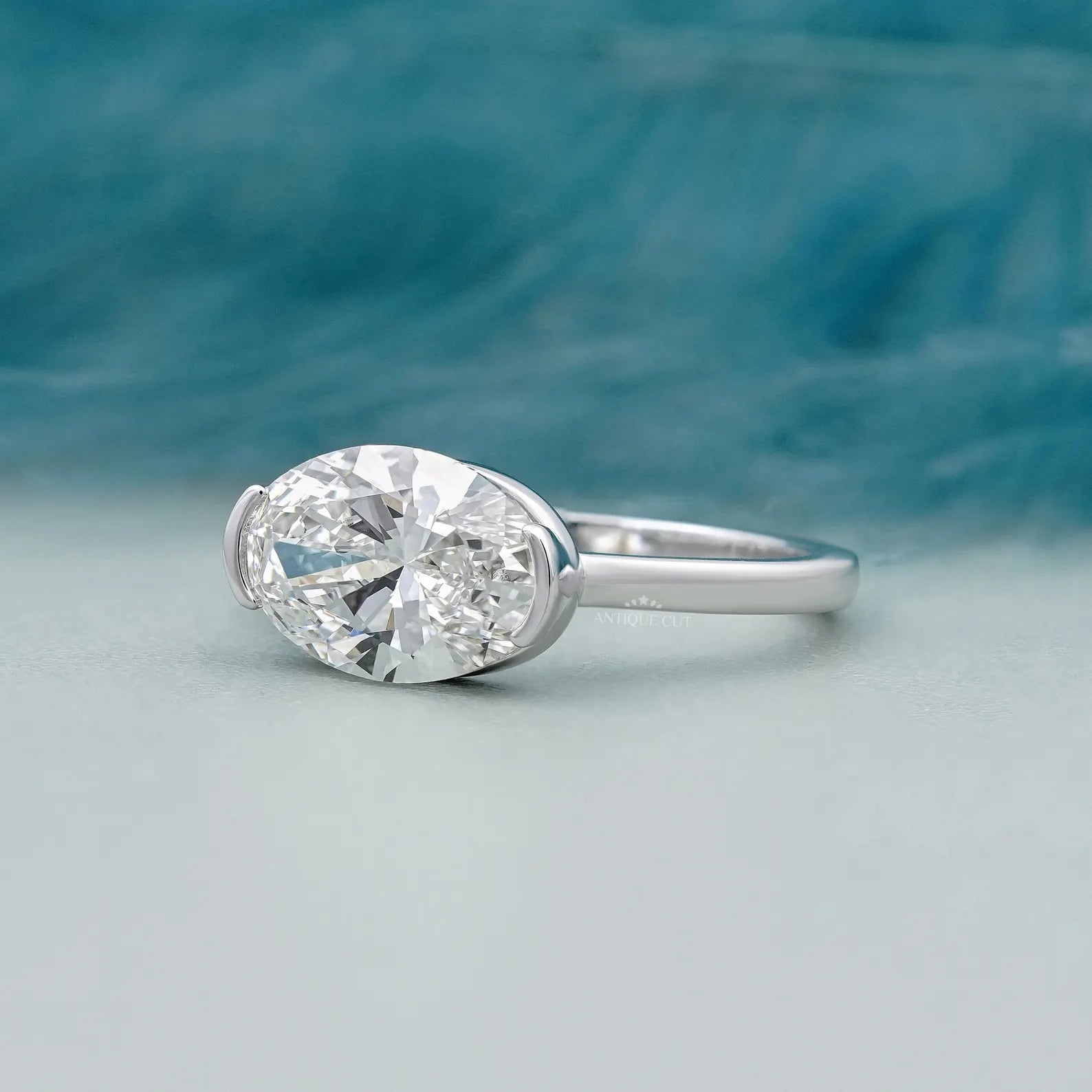 3.05ct East West Oval Cut Half Bezel Lab Diamond Engagement Ring in Solid Gold