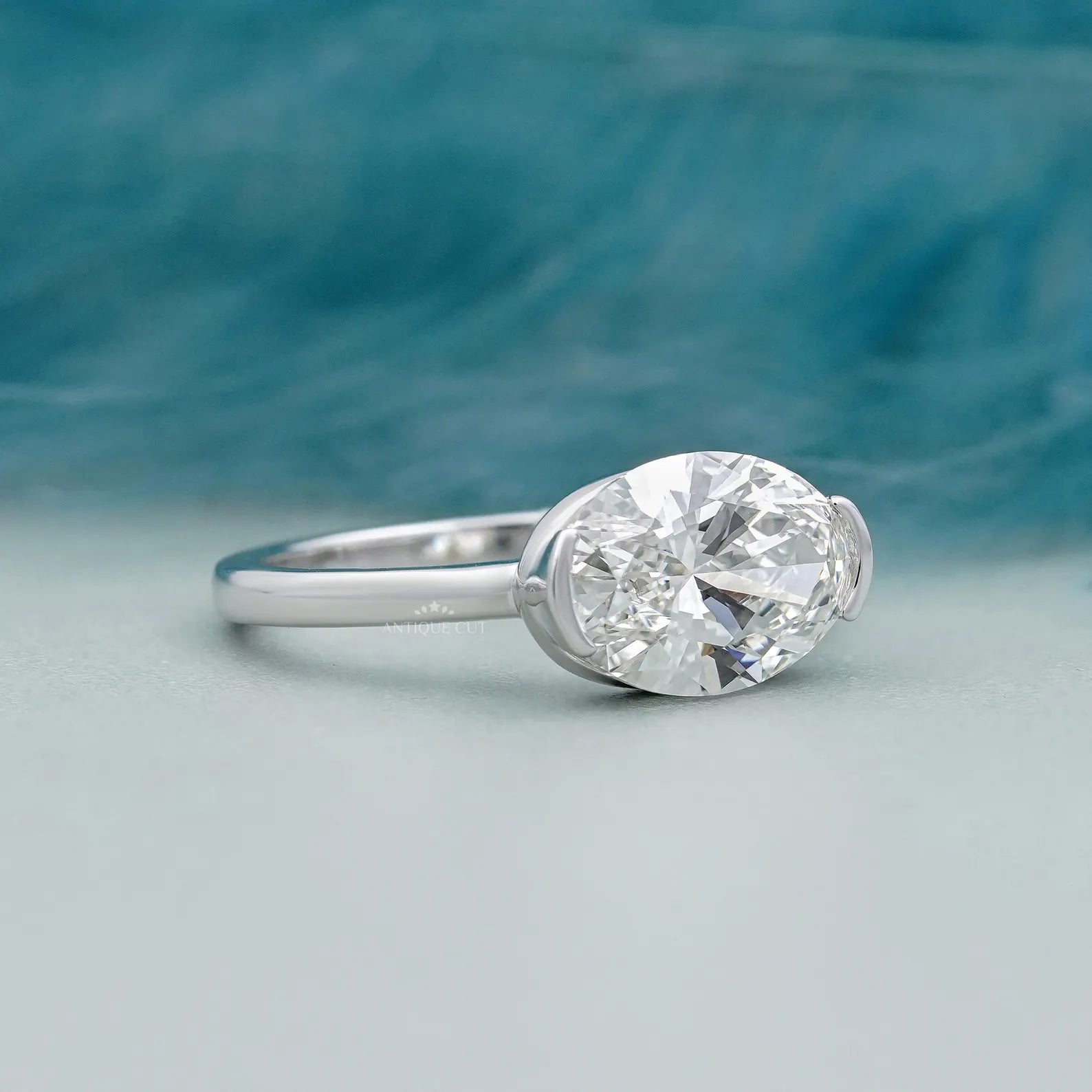 3.05ct East West Oval Cut Half Bezel Lab Diamond Engagement Ring in Solid Gold