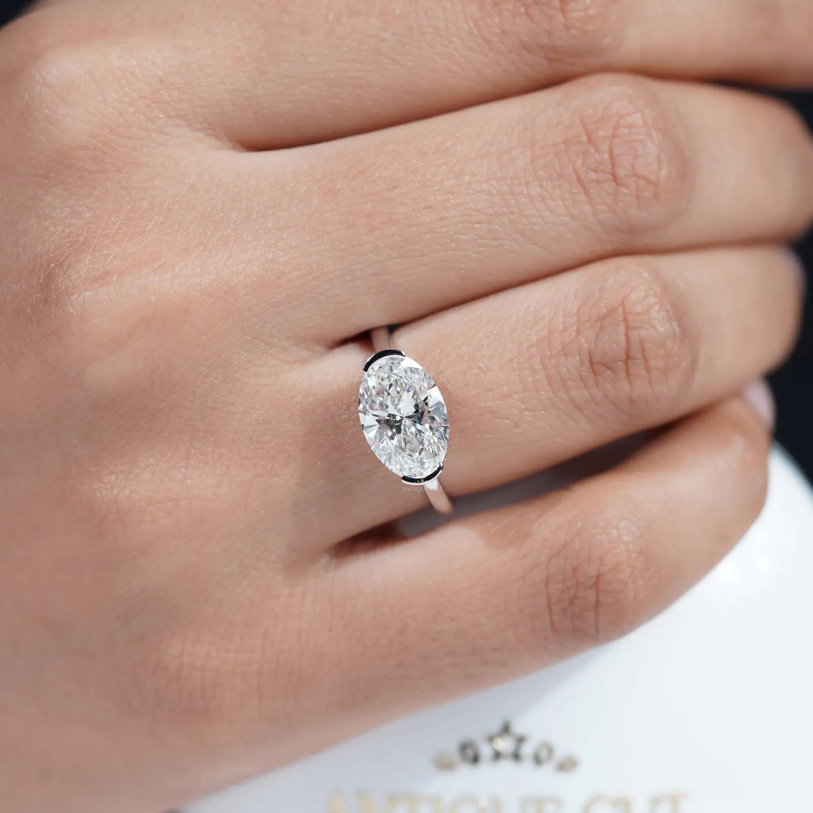 3.05ct East West Oval Cut Half Bezel Lab Diamond Engagement Ring in Solid Gold