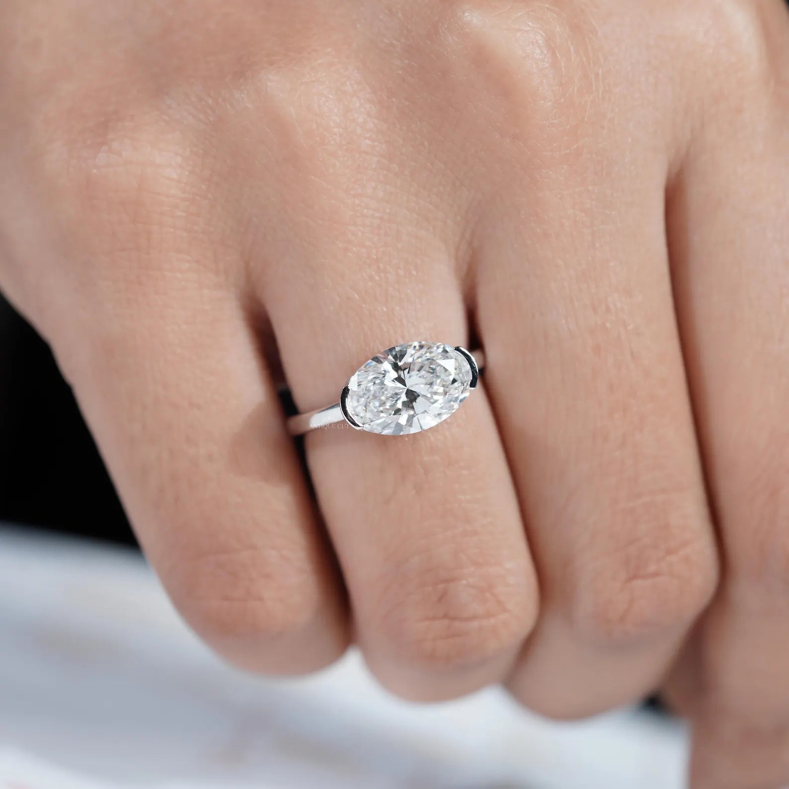 3.05ct East West Oval Cut Half Bezel Lab Diamond Engagement Ring in Solid Gold