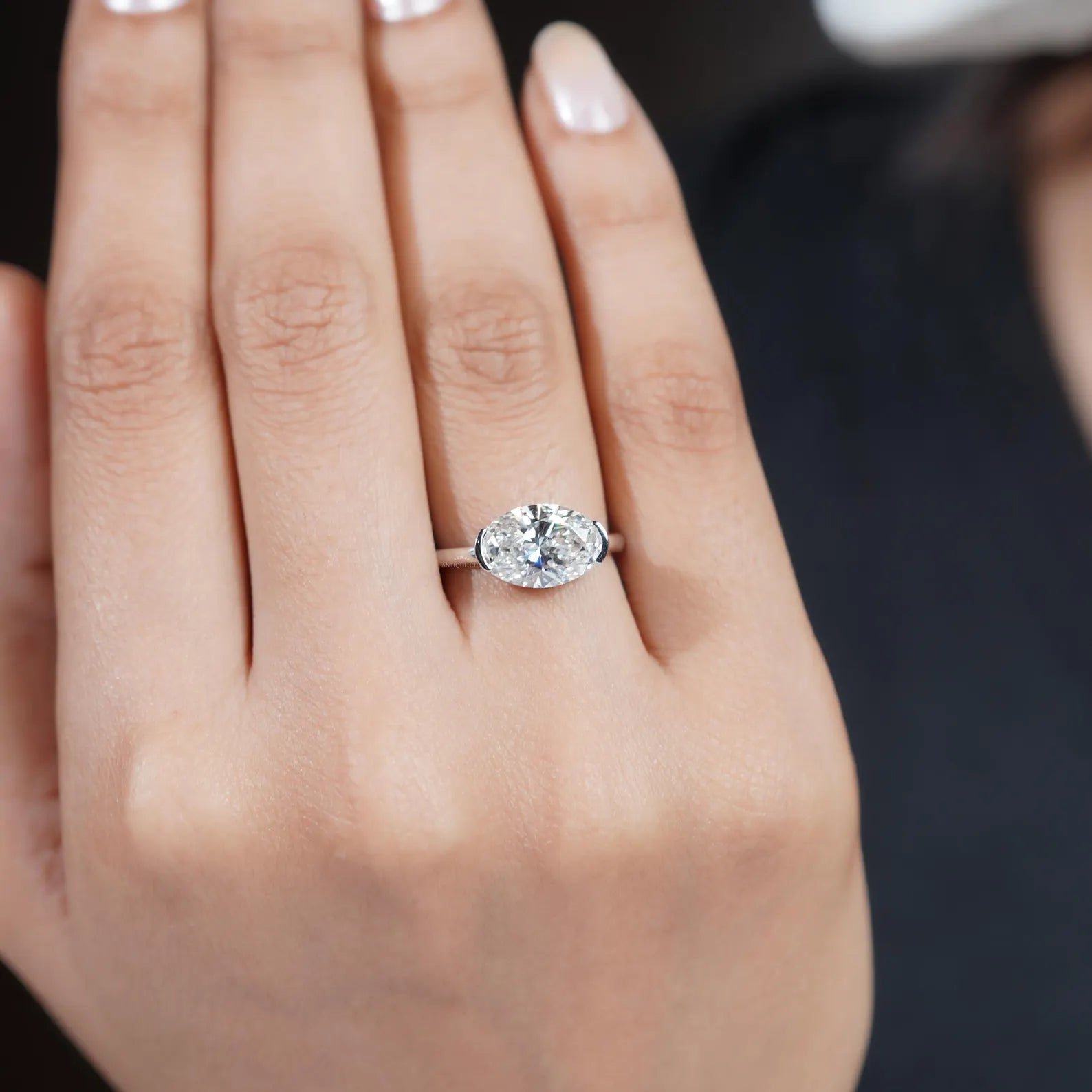 3.05ct East West Oval Cut Half Bezel Lab Diamond Engagement Ring in Solid Gold