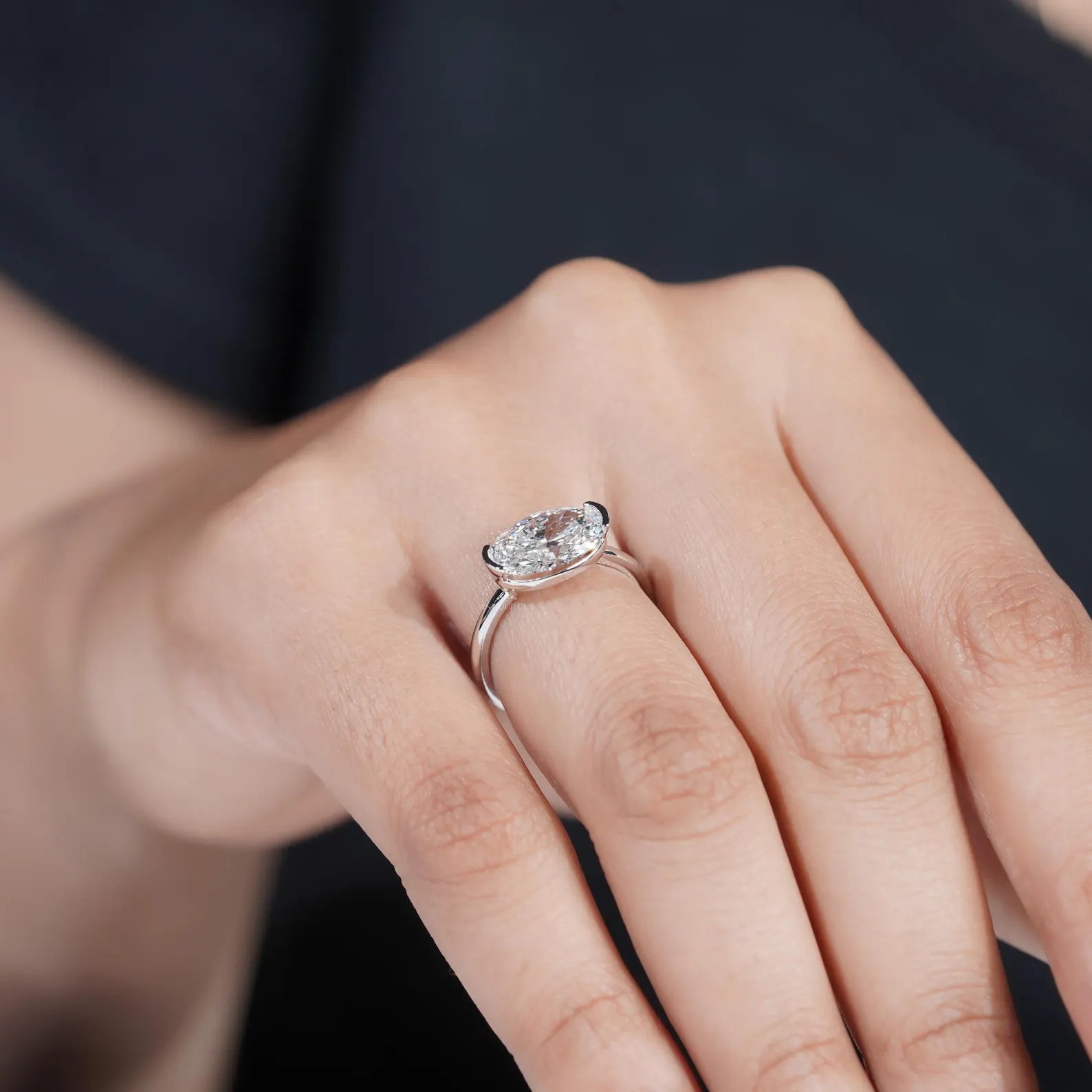 3.05ct East West Oval Cut Half Bezel Lab Diamond Engagement Ring in Solid Gold