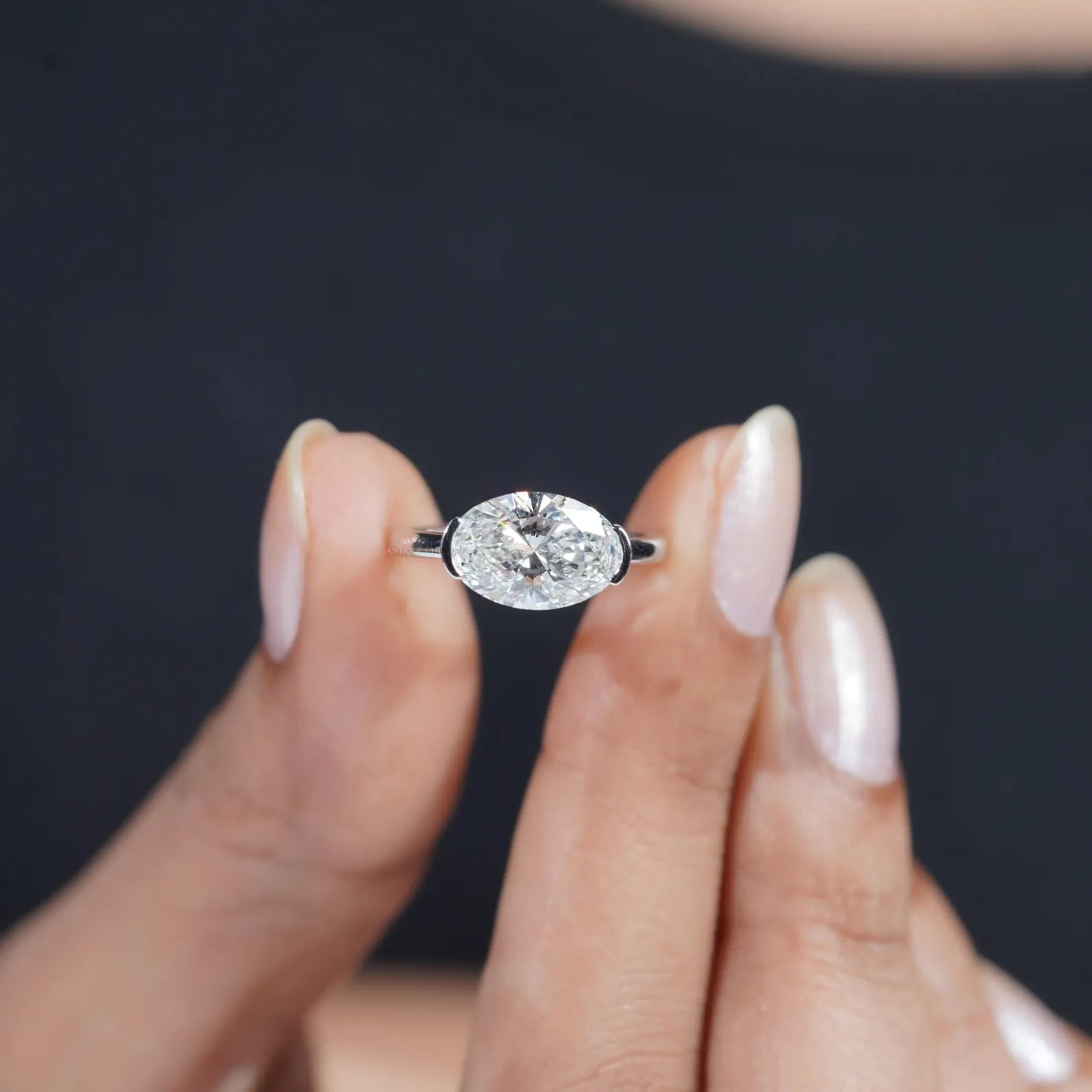 3.05ct East West Oval Cut Half Bezel Lab Diamond Engagement Ring in Solid Gold