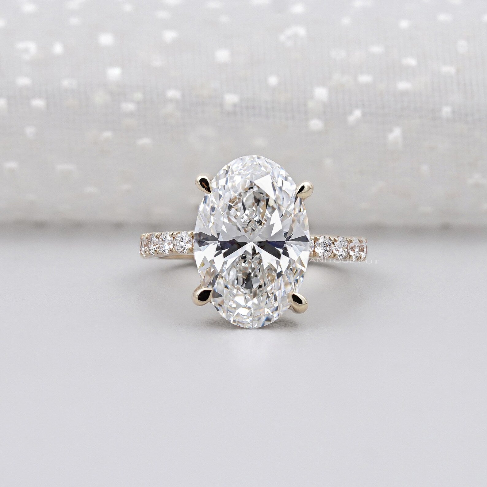 3.15ct Oval Cut Diamond Engagement Ring | 2.50ct Oval Center with Hidden Halo | Pave Band Diamond Ring