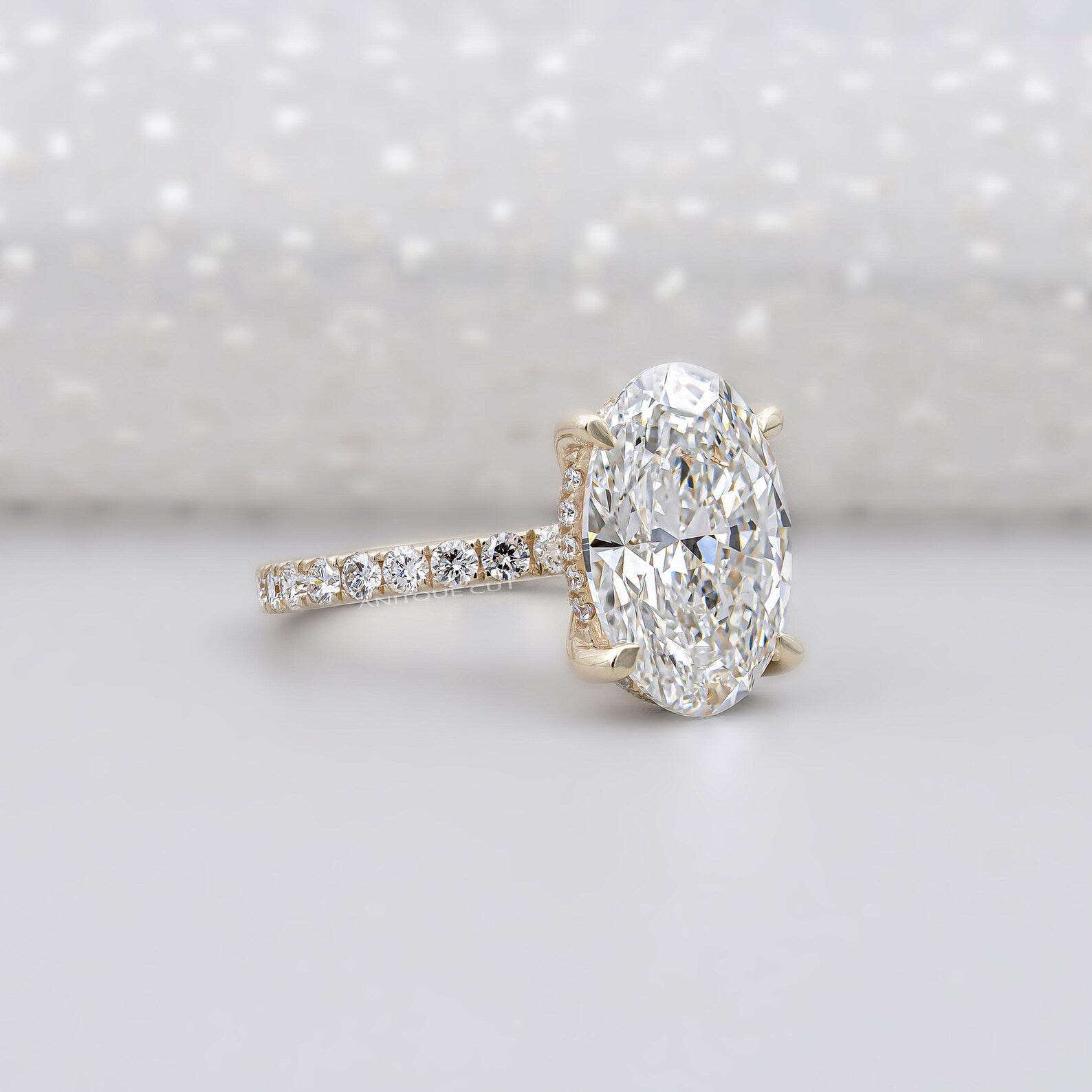 3.15ct Oval Cut Diamond Engagement Ring | 2.50ct Oval Center with Hidden Halo | Pave Band Diamond Ring