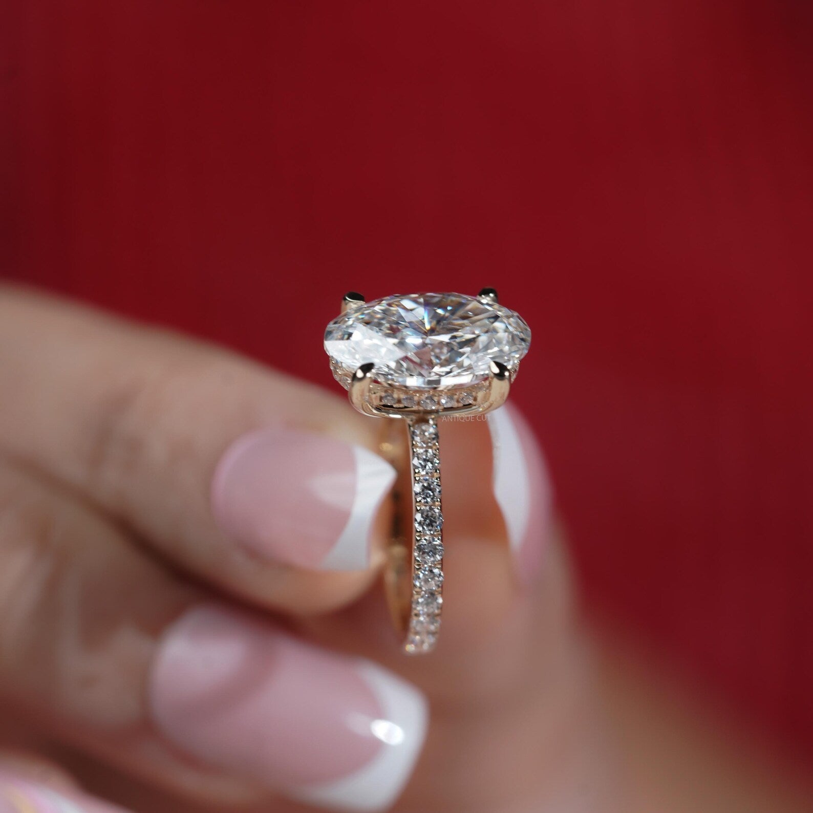 3.15ct Oval Cut Diamond Engagement Ring | 2.50ct Oval Center with Hidden Halo | Pave Band Diamond Ring