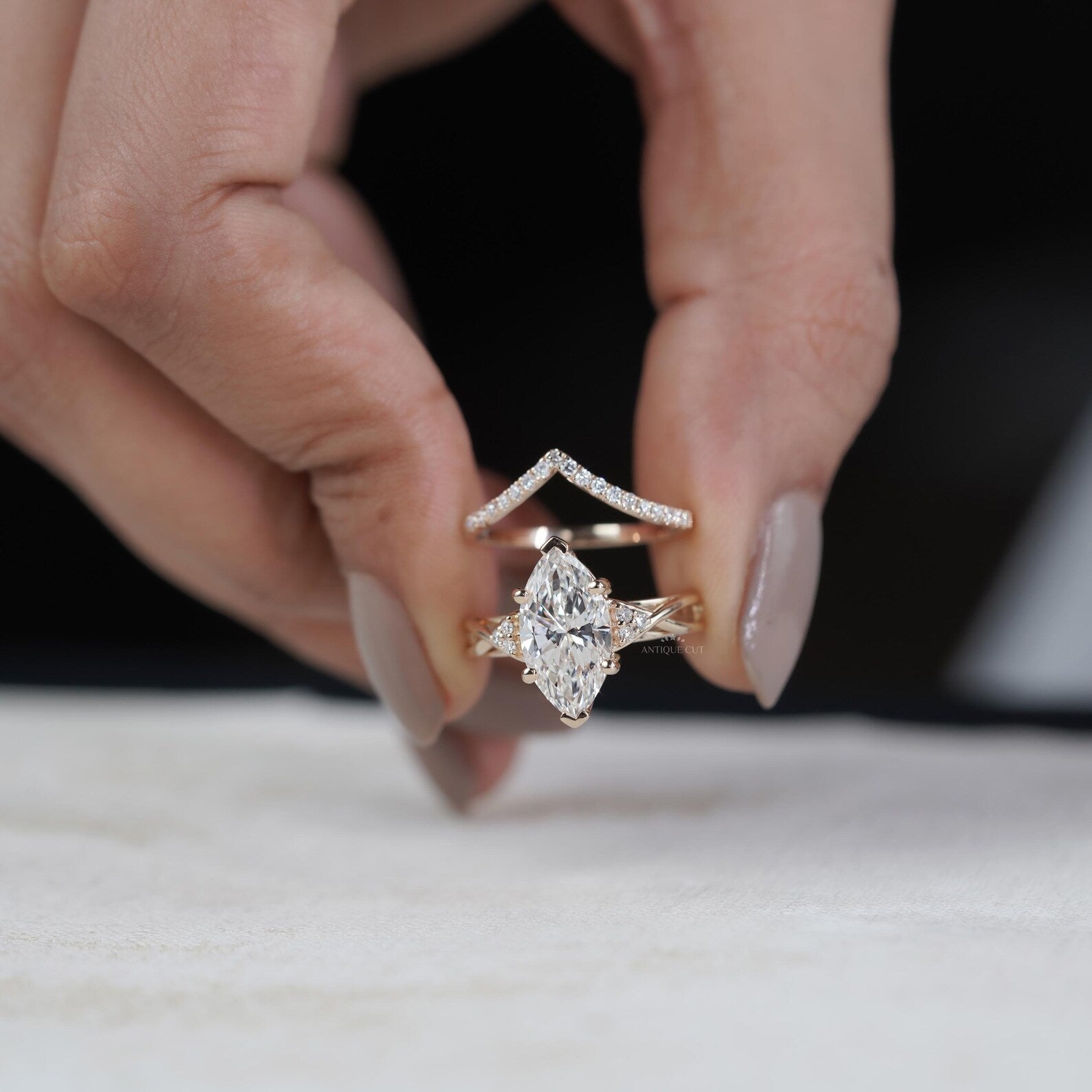 Marquise Cut Ring Duo • 3.00ct Center • Matching V Band with 0.10ct Side Accents