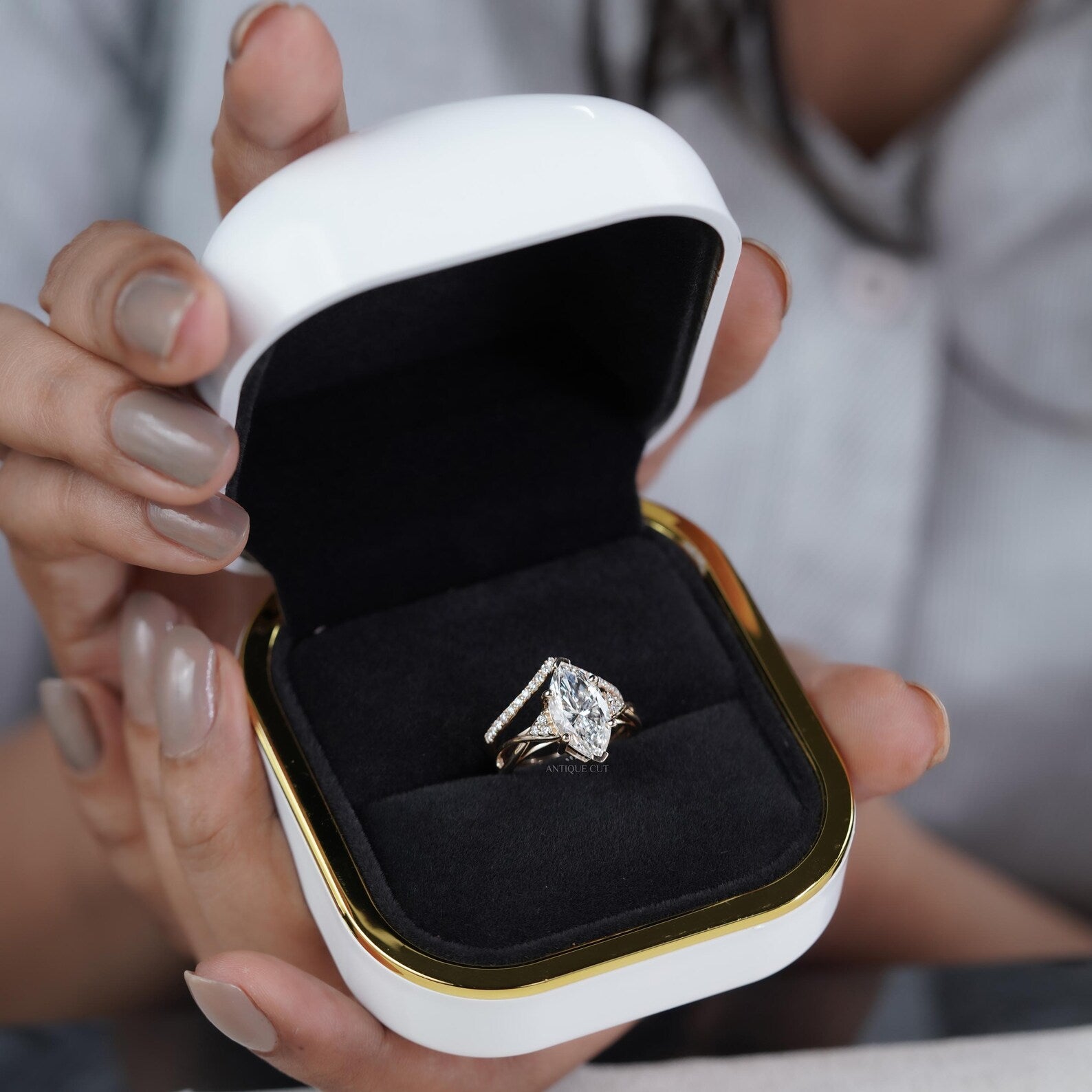 Marquise Cut Ring Duo • 3.00ct Center • Matching V Band with 0.10ct Side Accents