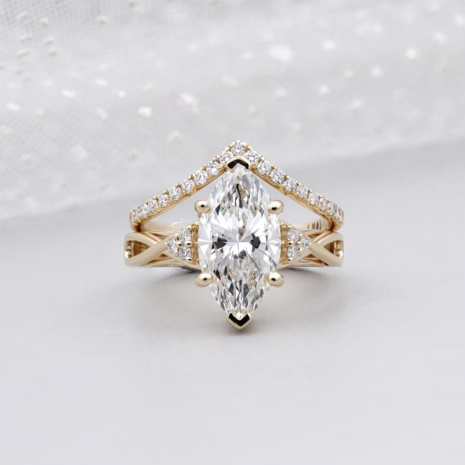 Marquise Cut Ring Duo • 3.00ct Center • Matching V Band with 0.10ct Side Accents