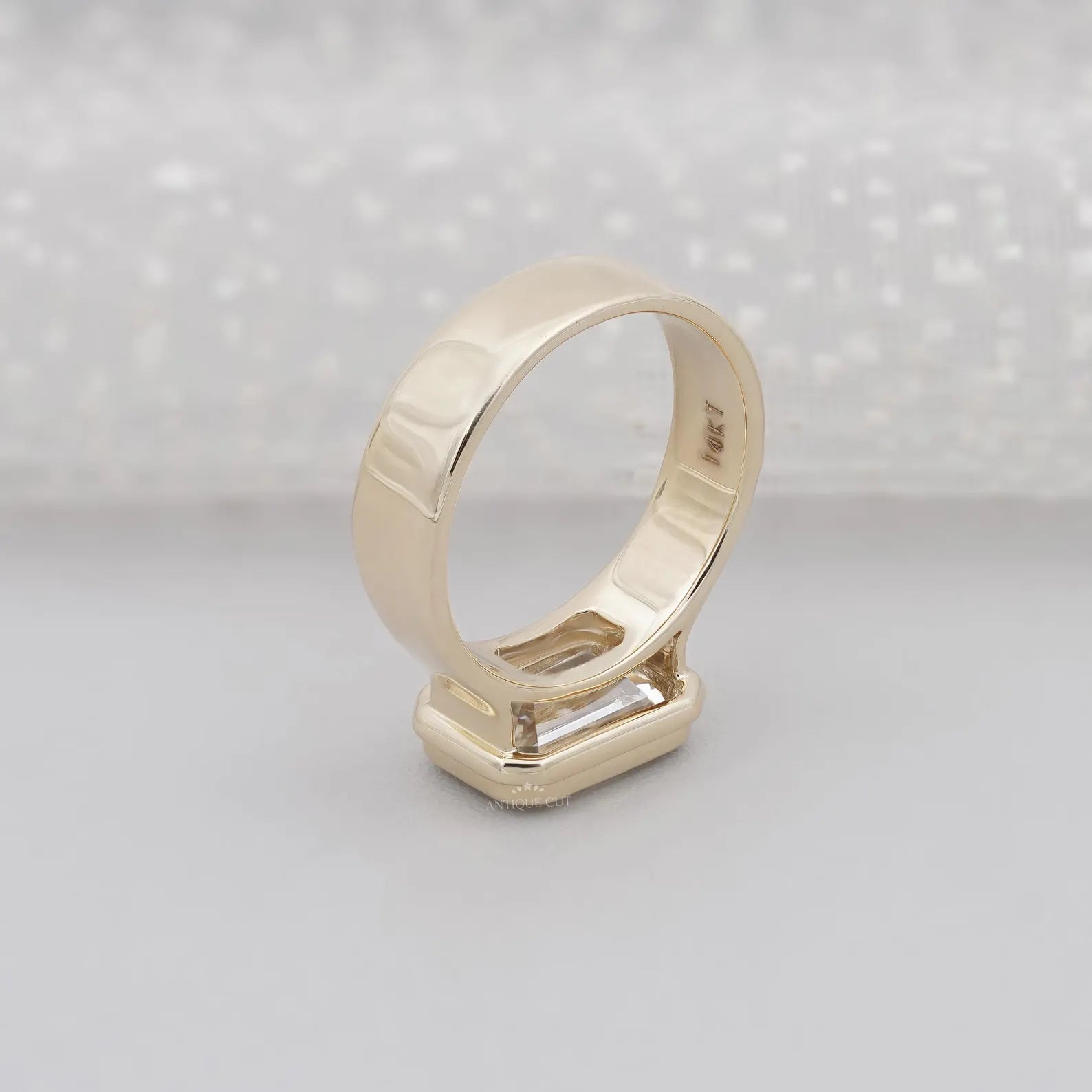 3.00ct Emerald Cut Bezel Set Engagement Ring • Modern Gold Solitaire • Wide Band Emerald Diamond Ring