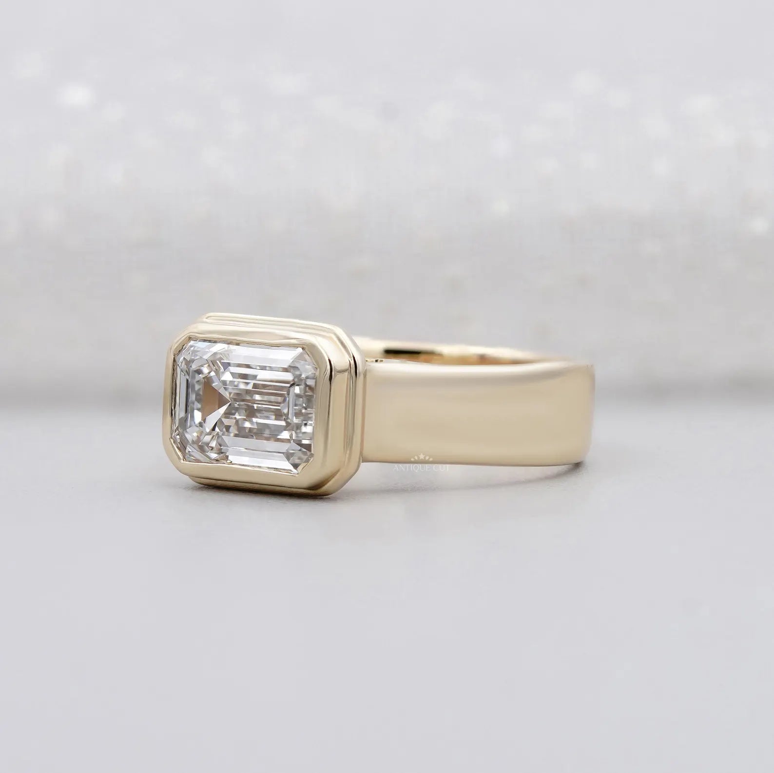 3.00ct Emerald Cut Bezel Set Engagement Ring • Modern Gold Solitaire • Wide Band Emerald Diamond Ring