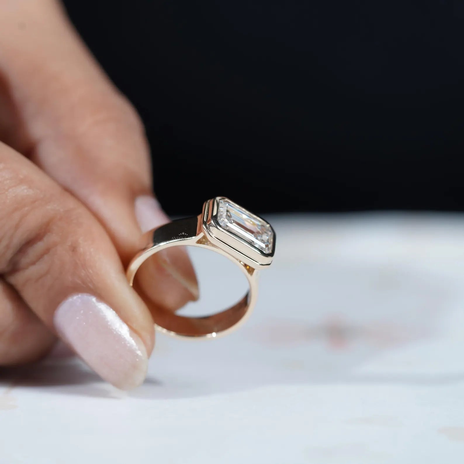 3.00ct Emerald Cut Bezel Set Engagement Ring • Modern Gold Solitaire • Wide Band Emerald Diamond Ring