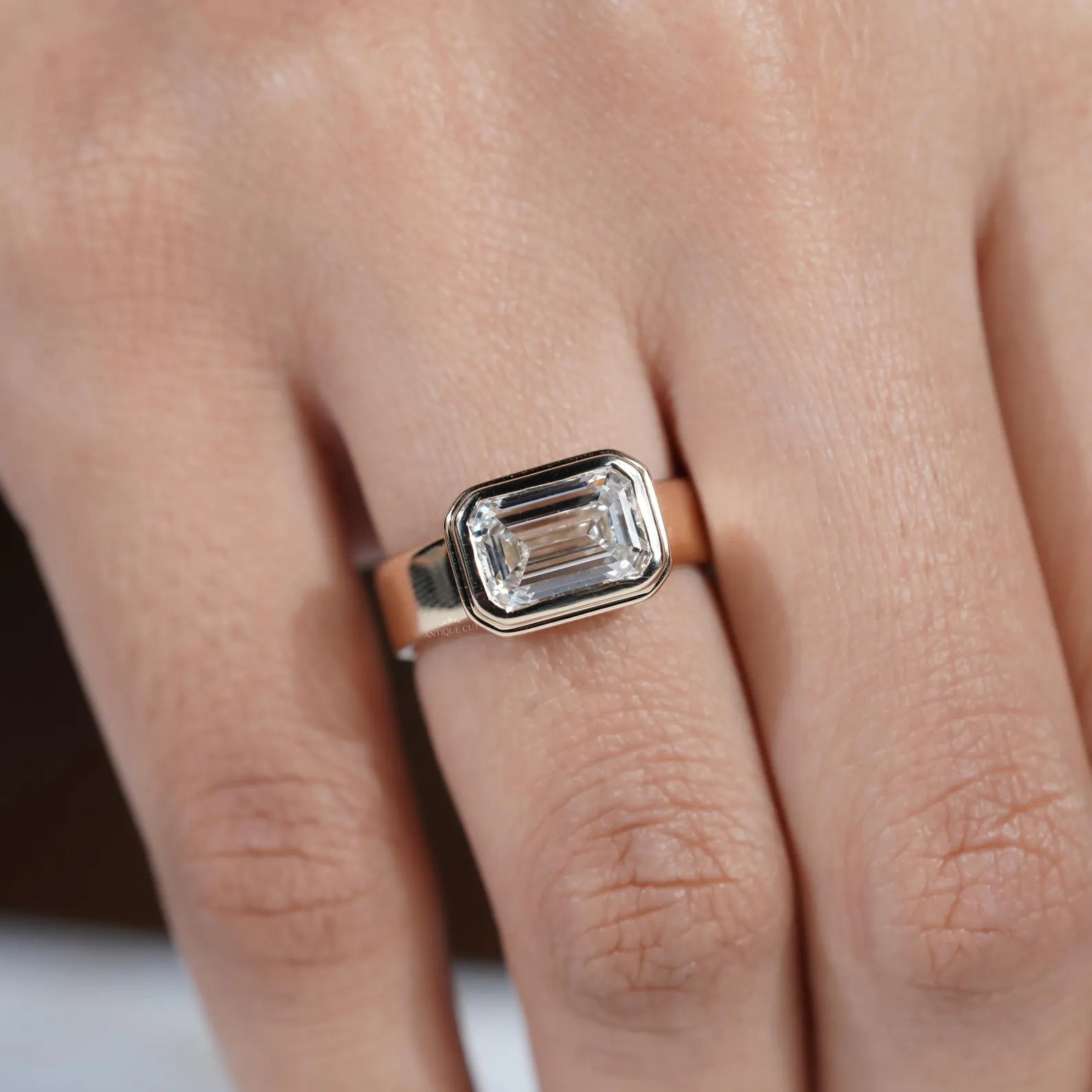 3.00ct Emerald Cut Bezel Set Engagement Ring • Modern Gold Solitaire • Wide Band Emerald Diamond Ring
