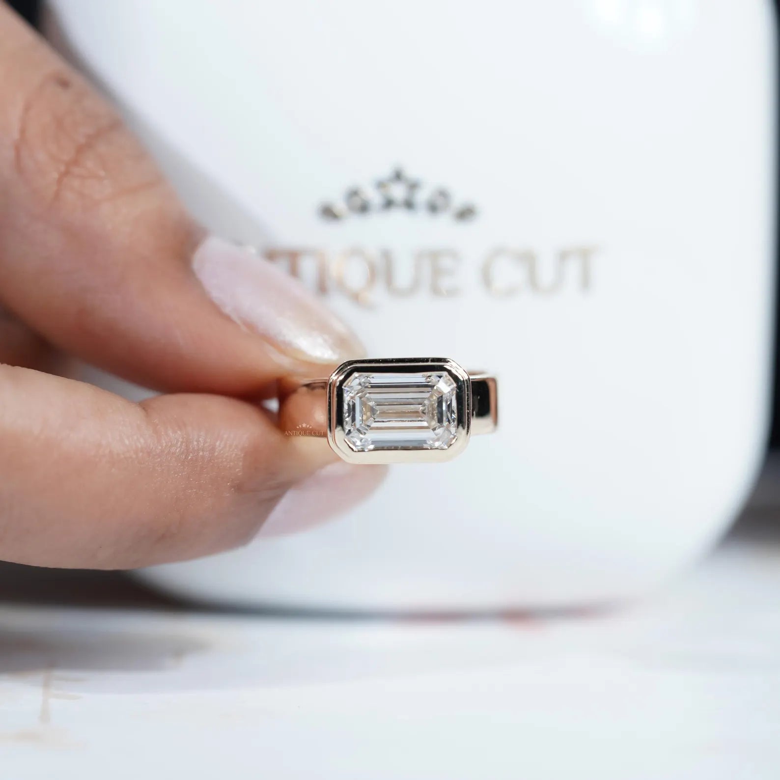 3.00ct Emerald Cut Bezel Set Engagement Ring • Modern Gold Solitaire • Wide Band Emerald Diamond Ring