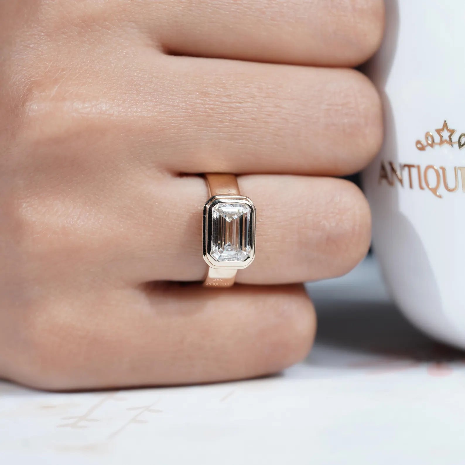 3.00ct Emerald Cut Bezel Set Engagement Ring • Modern Gold Solitaire • Wide Band Emerald Diamond Ring