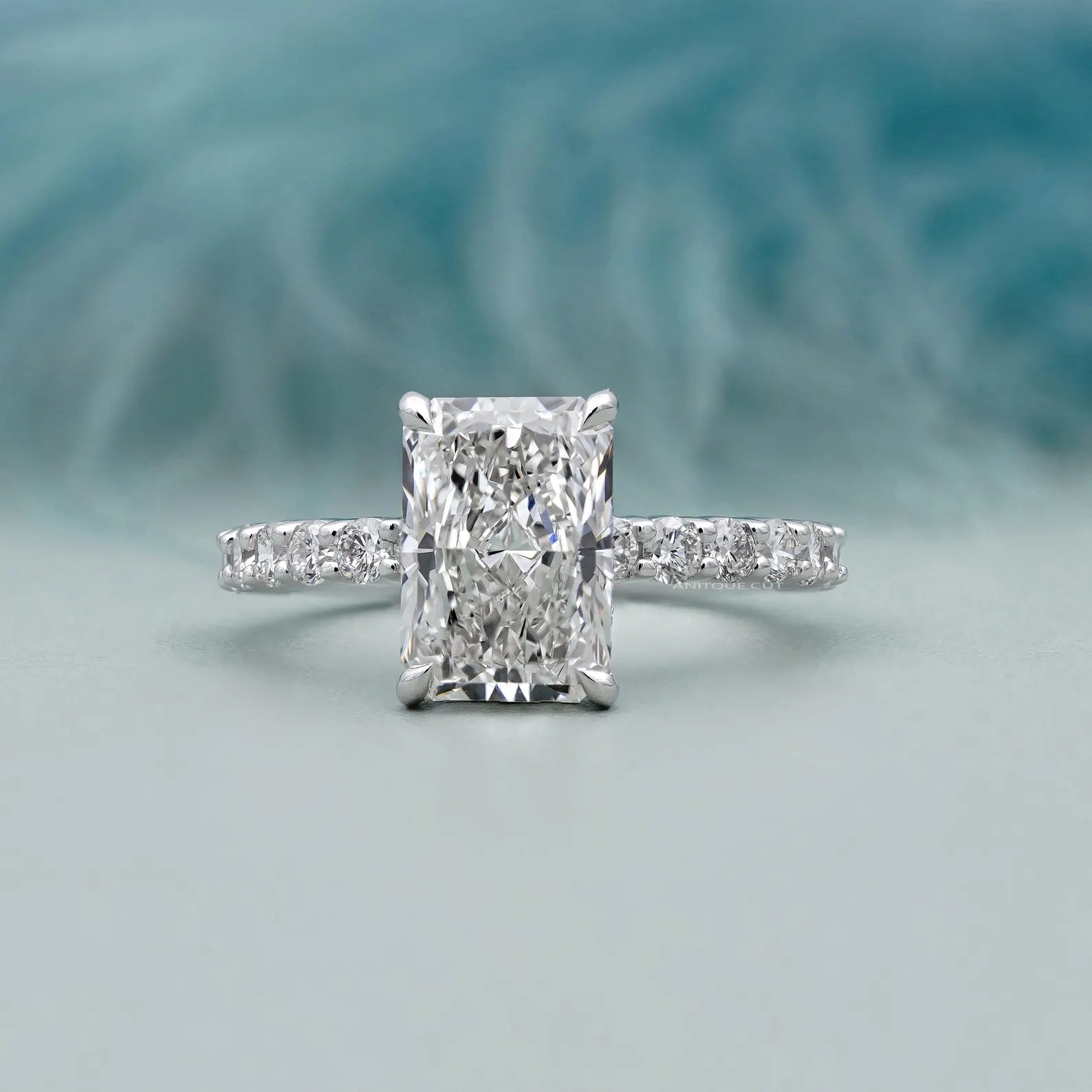 5.00TCW  Radiant Cut Diamond Engagement Ring, Hidden Halo, Side Stone Ring, DEF Color, VVS-VS Clarity, Pave Band Bridal Ring