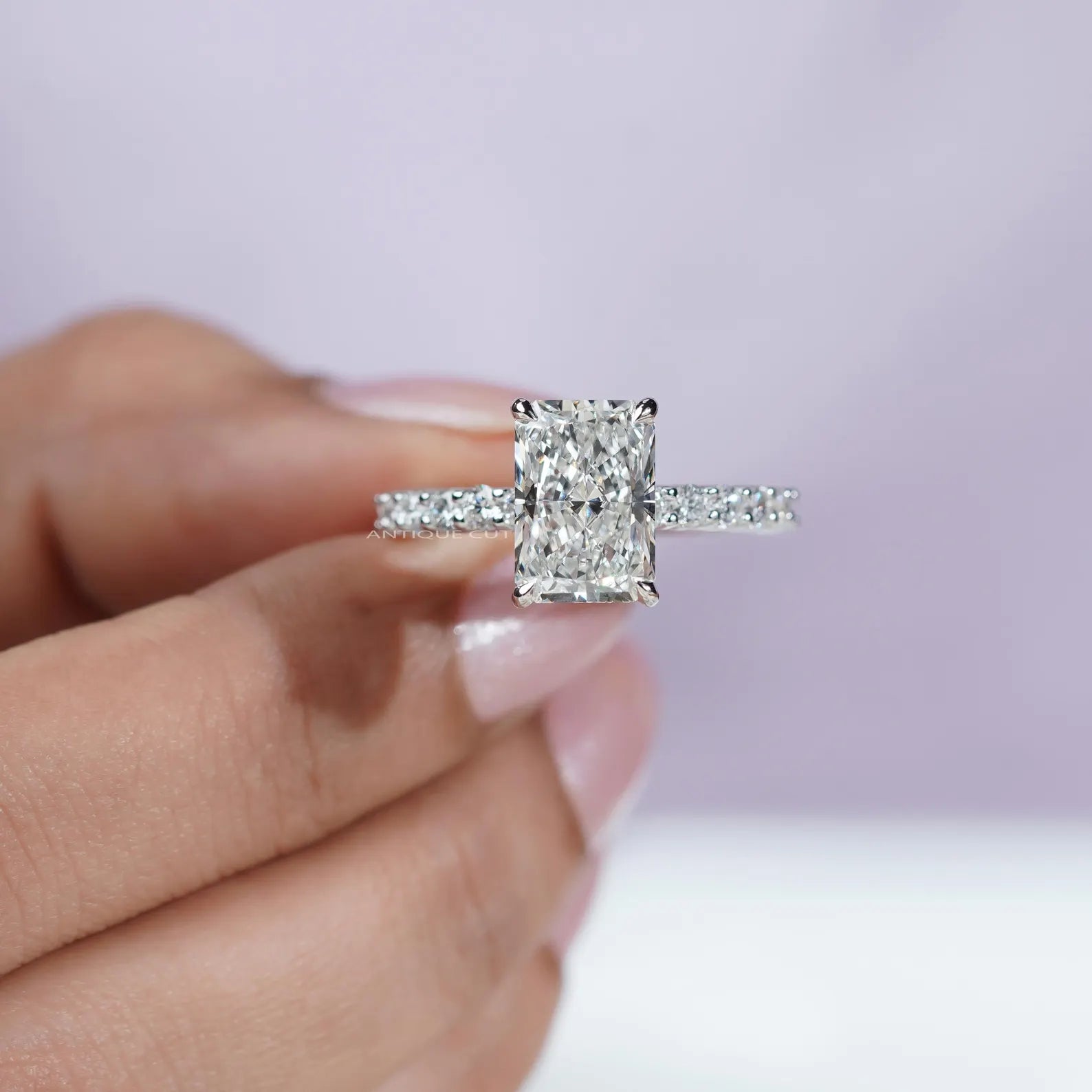 5.00TCW  Radiant Cut Diamond Engagement Ring, Hidden Halo, Side Stone Ring, DEF Color, VVS-VS Clarity, Pave Band Bridal Ring