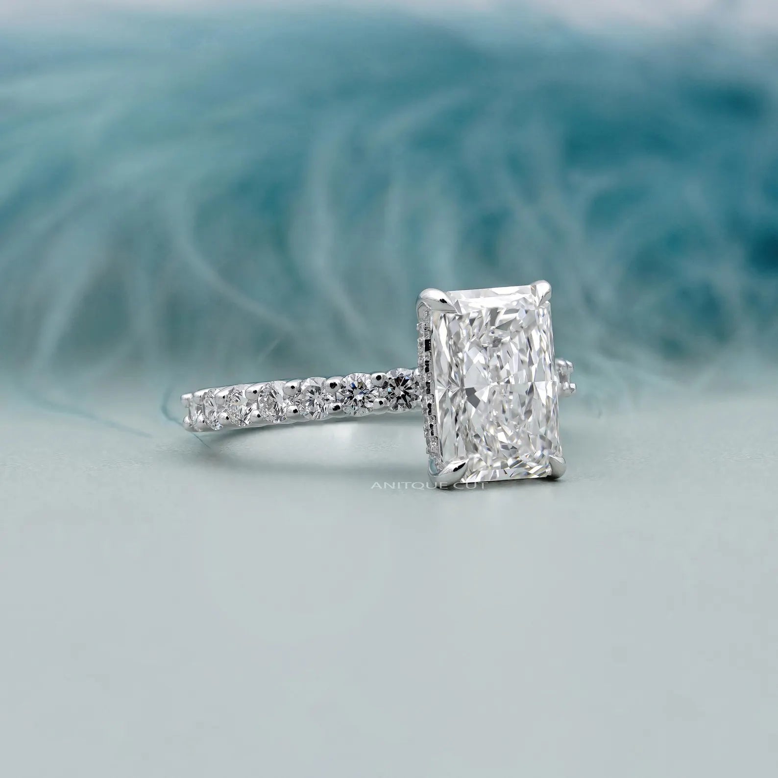 5.00TCW  Radiant Cut Diamond Engagement Ring, Hidden Halo, Side Stone Ring, DEF Color, VVS-VS Clarity, Pave Band Bridal Ring