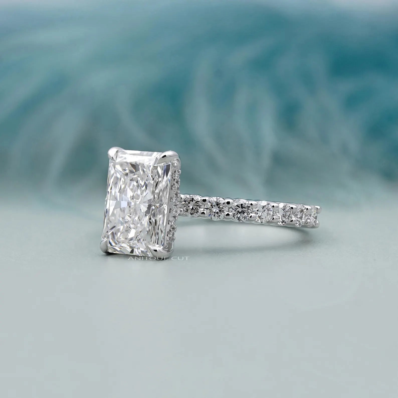 5.00TCW  Radiant Cut Diamond Engagement Ring, Hidden Halo, Side Stone Ring, DEF Color, VVS-VS Clarity, Pave Band Bridal Ring