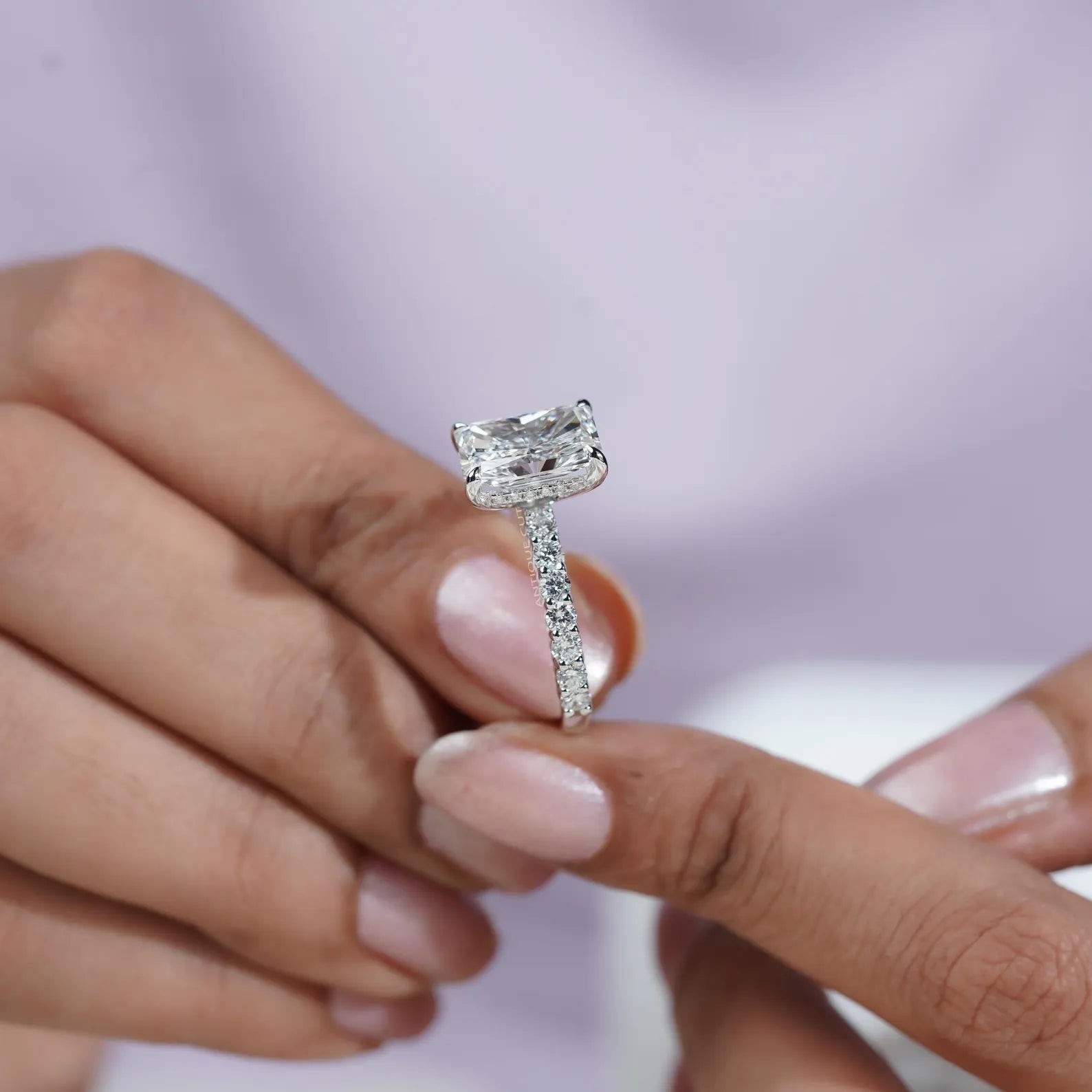 5.00TCW  Radiant Cut Diamond Engagement Ring, Hidden Halo, Side Stone Ring, DEF Color, VVS-VS Clarity, Pave Band Bridal Ring