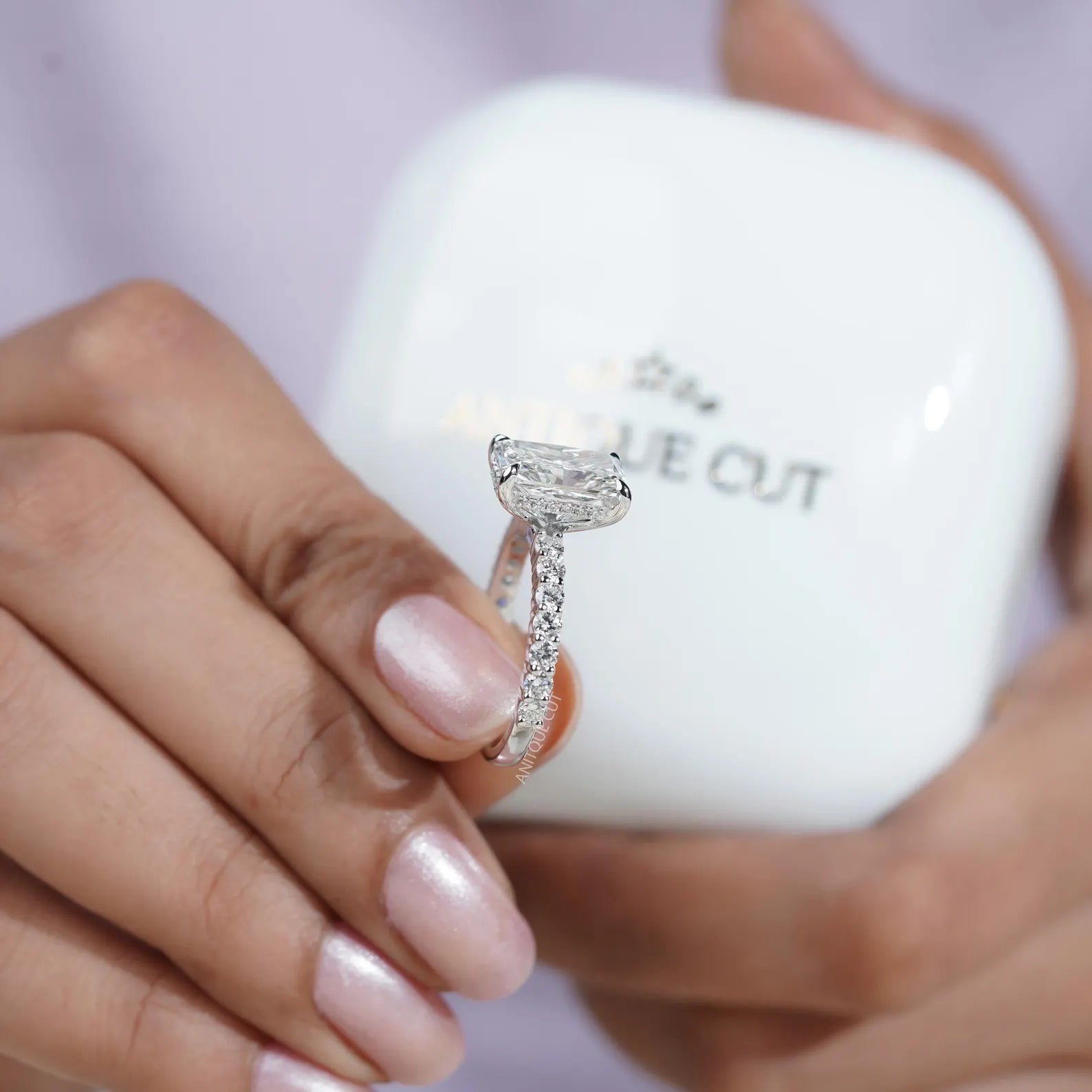 5.00TCW  Radiant Cut Diamond Engagement Ring, Hidden Halo, Side Stone Ring, DEF Color, VVS-VS Clarity, Pave Band Bridal Ring