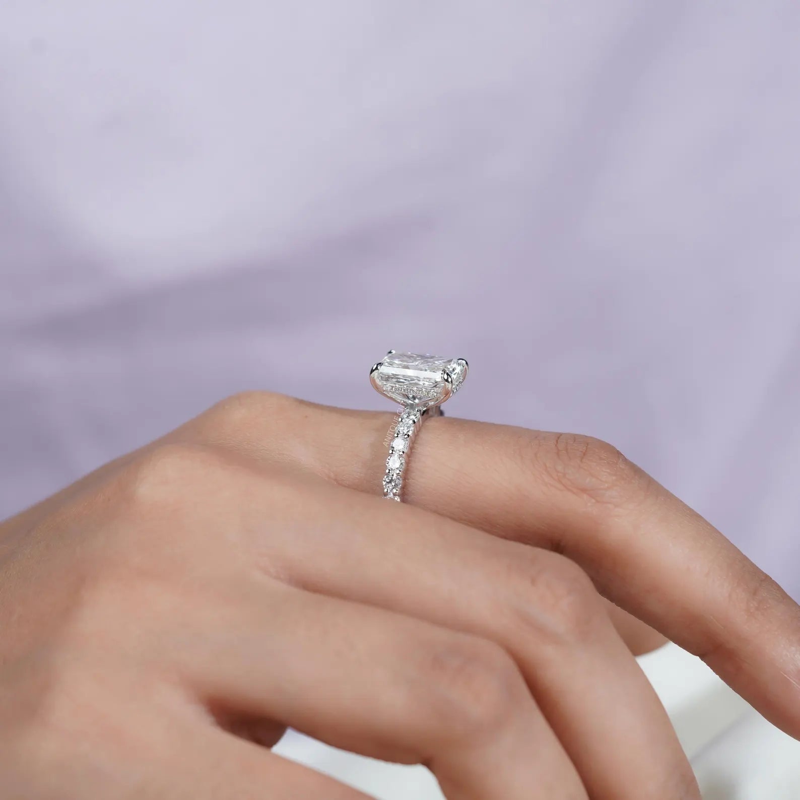 5.00TCW  Radiant Cut Diamond Engagement Ring, Hidden Halo, Side Stone Ring, DEF Color, VVS-VS Clarity, Pave Band Bridal Ring