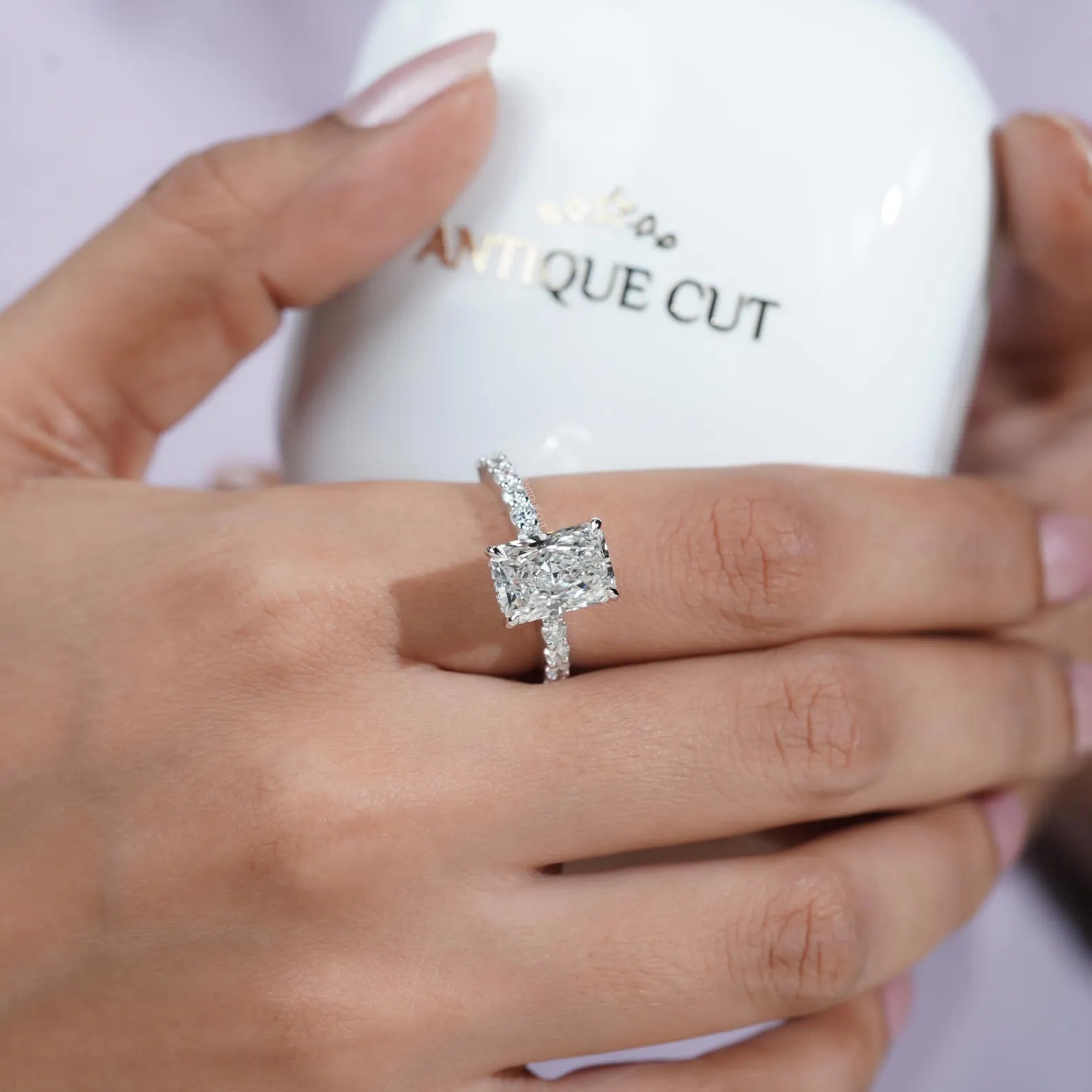 5.00TCW  Radiant Cut Diamond Engagement Ring, Hidden Halo, Side Stone Ring, DEF Color, VVS-VS Clarity, Pave Band Bridal Ring