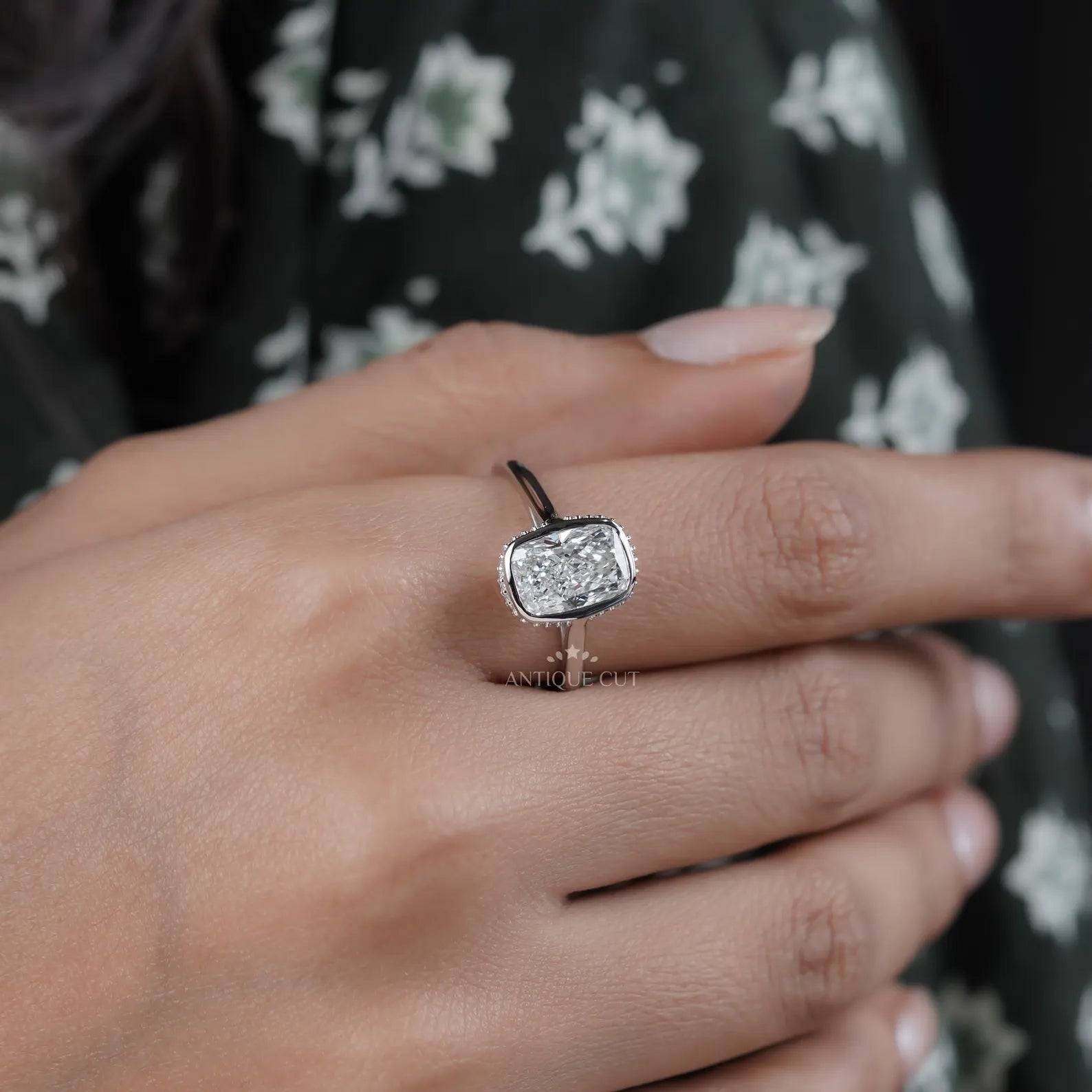 Cushion 3.20tcw Lab Grown Diamond Engagement Ring | Bezel Halo Setting | DEF Color | VVS–VS Clarity