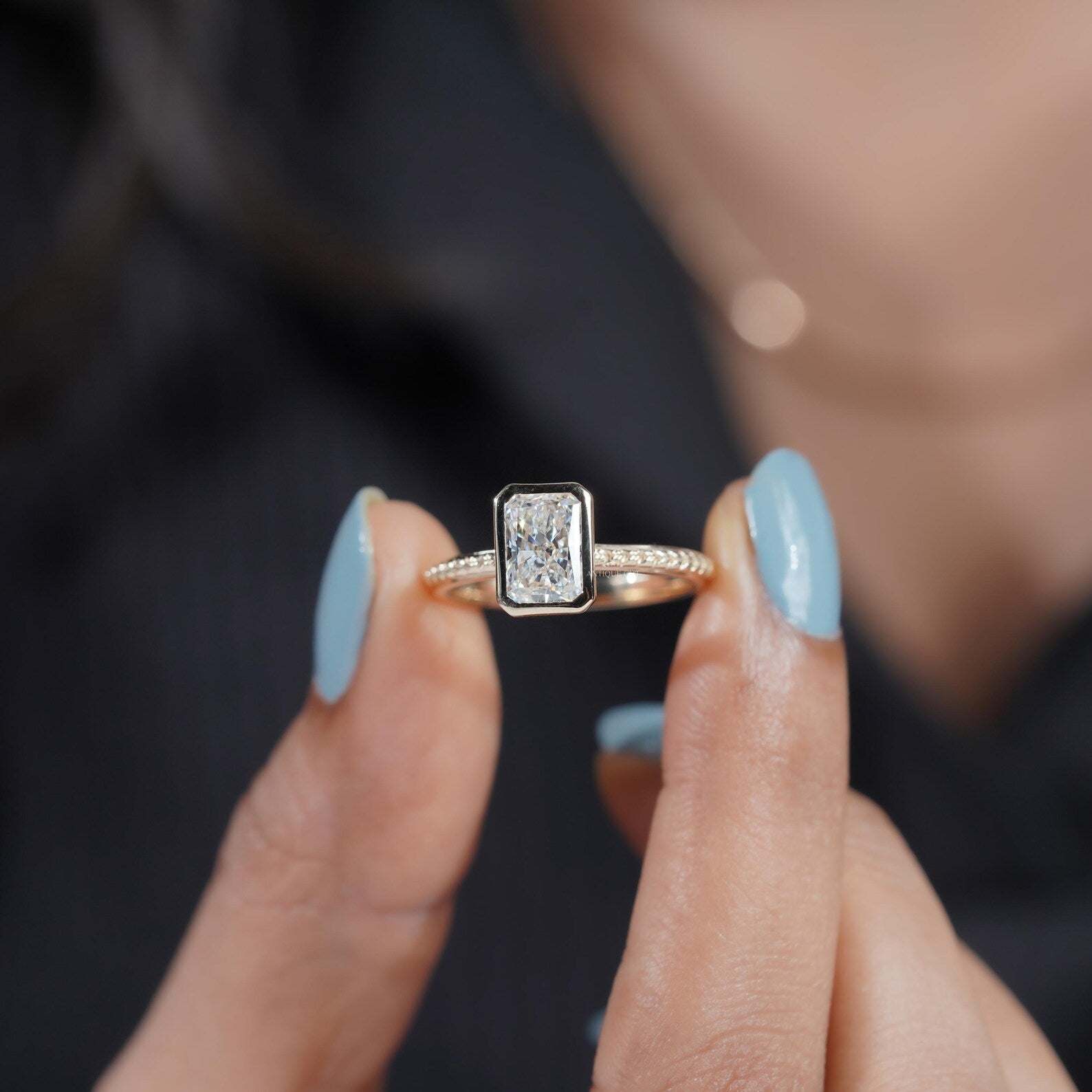 2.00ct Radiant Cut Bezel Engagement Ring in 14k Gold | Hand Engraved Band | Radiant Solitaire Ring | Minimalist Radiant Engagement Ring