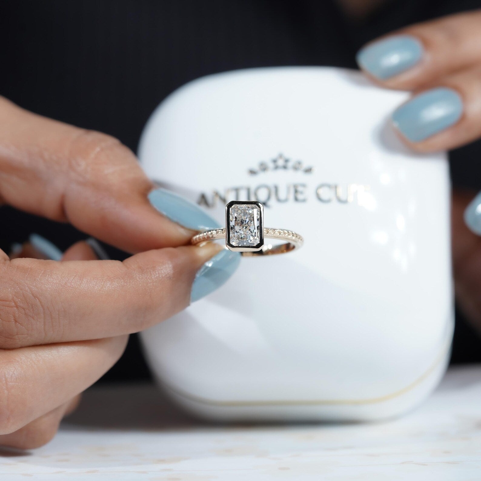 2.00ct Radiant Cut Bezel Engagement Ring in 14k Gold | Hand Engraved Band | Radiant Solitaire Ring | Minimalist Radiant Engagement Ring