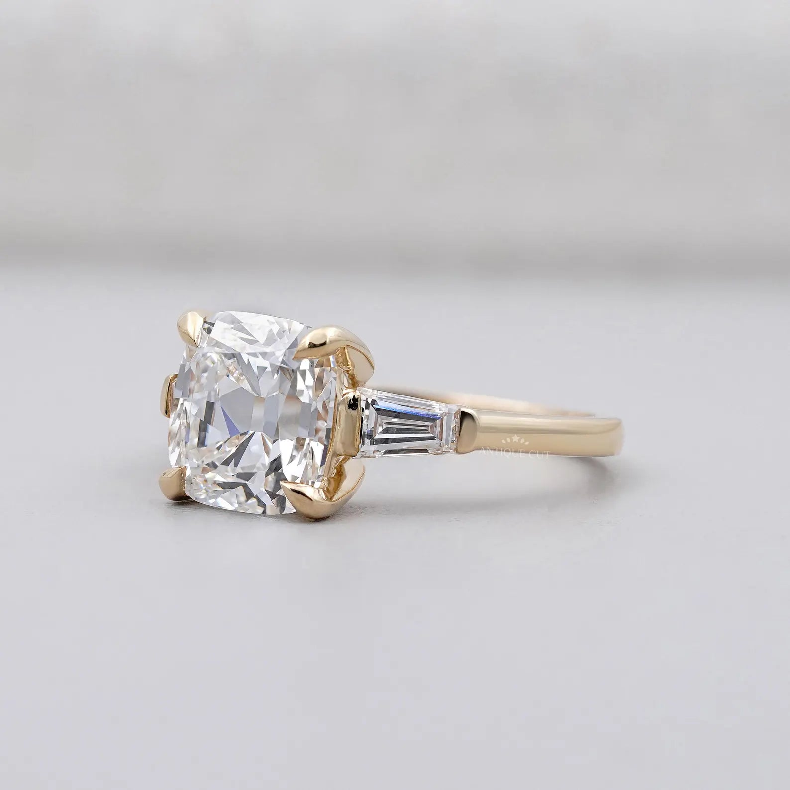 3.10tcw Cushion-Cut Lab Diamond Ring | Tapered Baguette Side Stones | Elegant Gold Engagement Ring