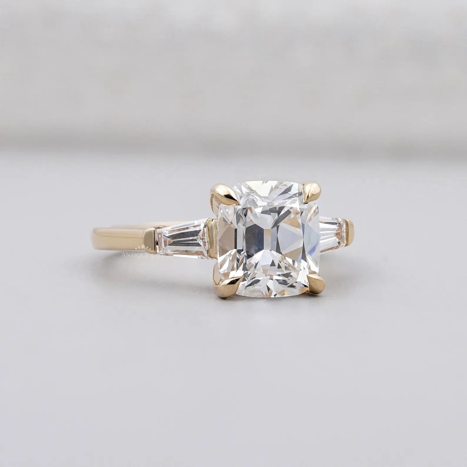 3.10tcw Cushion-Cut Lab Diamond Ring | Tapered Baguette Side Stones | Elegant Gold Engagement Ring