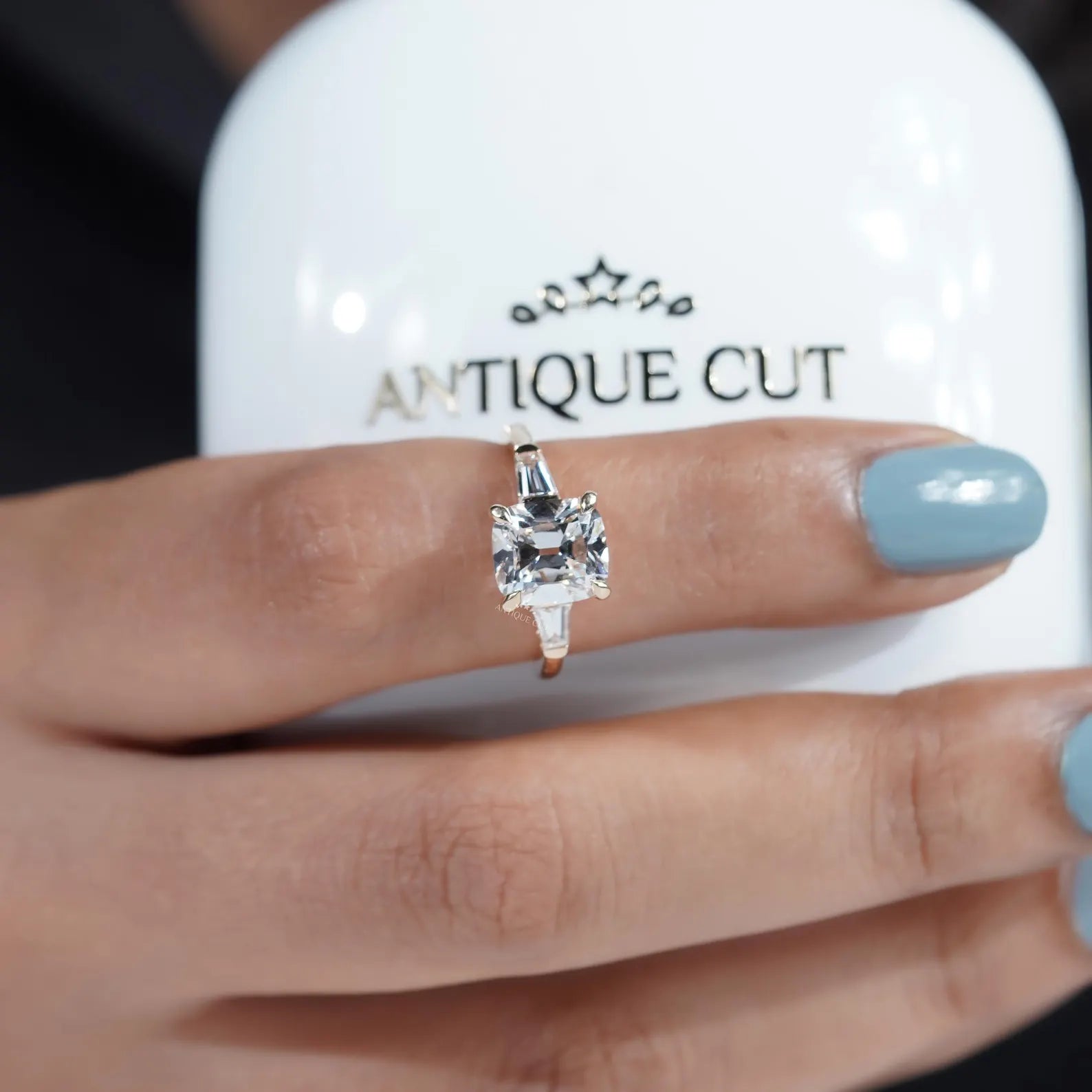 3.10tcw Cushion-Cut Lab Diamond Ring | Tapered Baguette Side Stones | Elegant Gold Engagement Ring