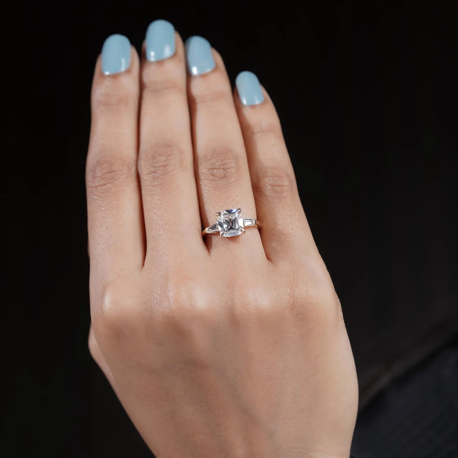 3.10tcw Cushion-Cut Lab Diamond Ring | Tapered Baguette Side Stones | Elegant Gold Engagement Ring