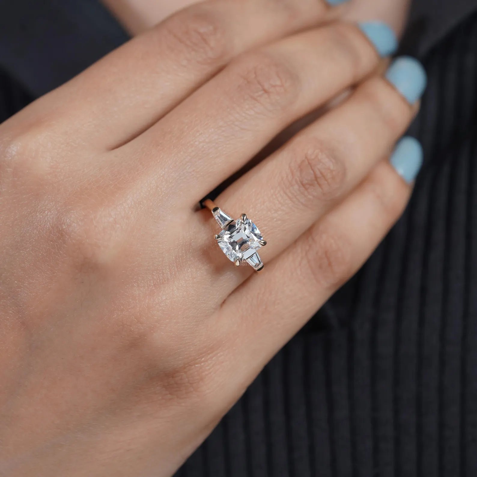 3.10tcw Cushion-Cut Lab Diamond Ring | Tapered Baguette Side Stones | Elegant Gold Engagement Ring