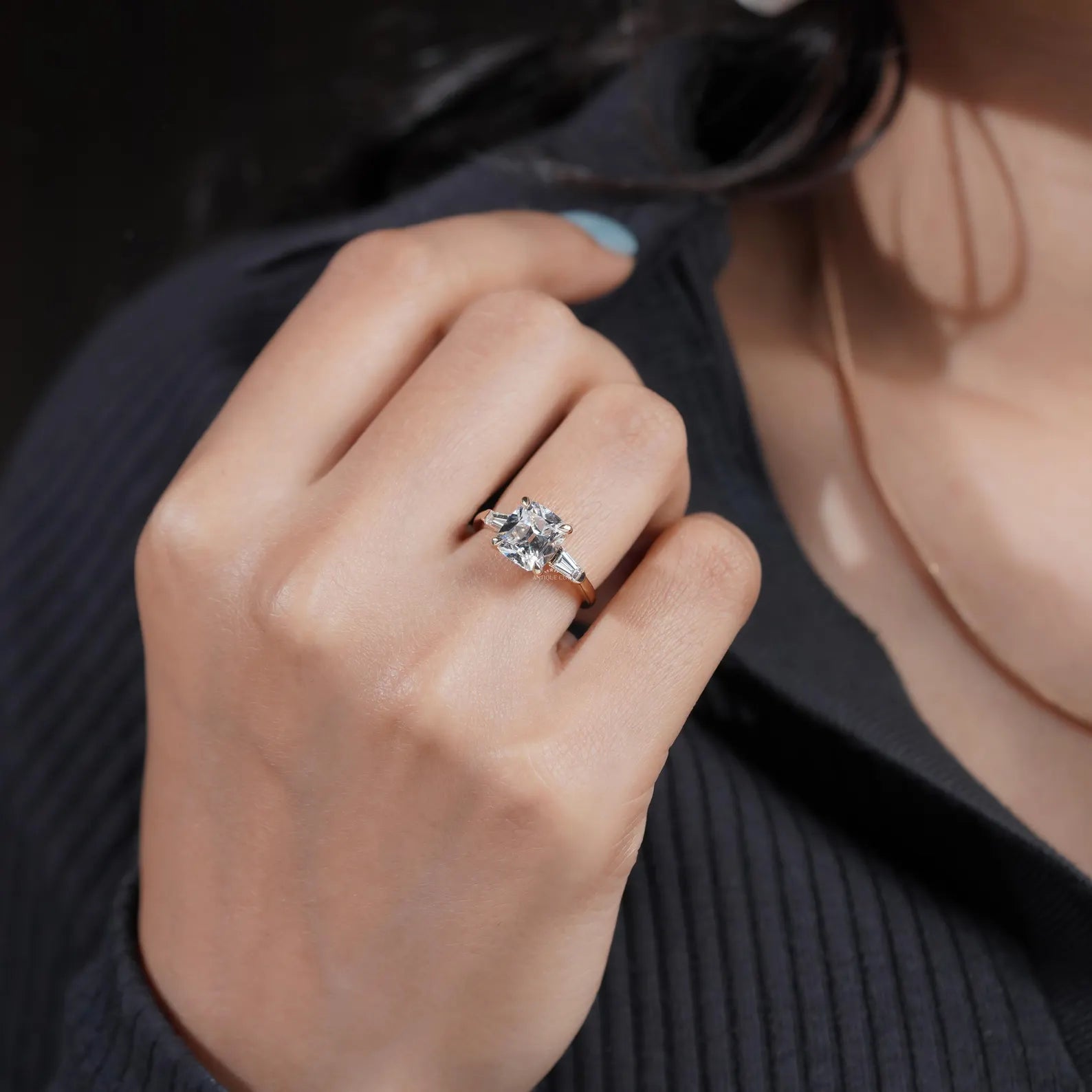 3.10tcw Cushion-Cut Lab Diamond Ring | Tapered Baguette Side Stones | Elegant Gold Engagement Ring