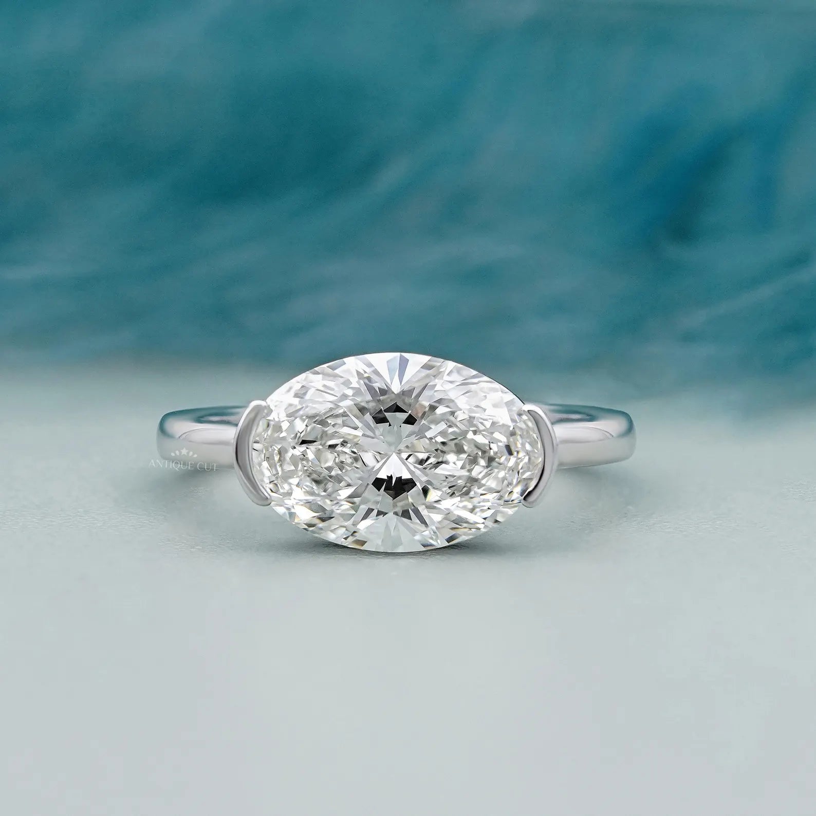 3.05ct East West Oval Cut Half Bezel Lab Diamond Engagement Ring in Solid Gold