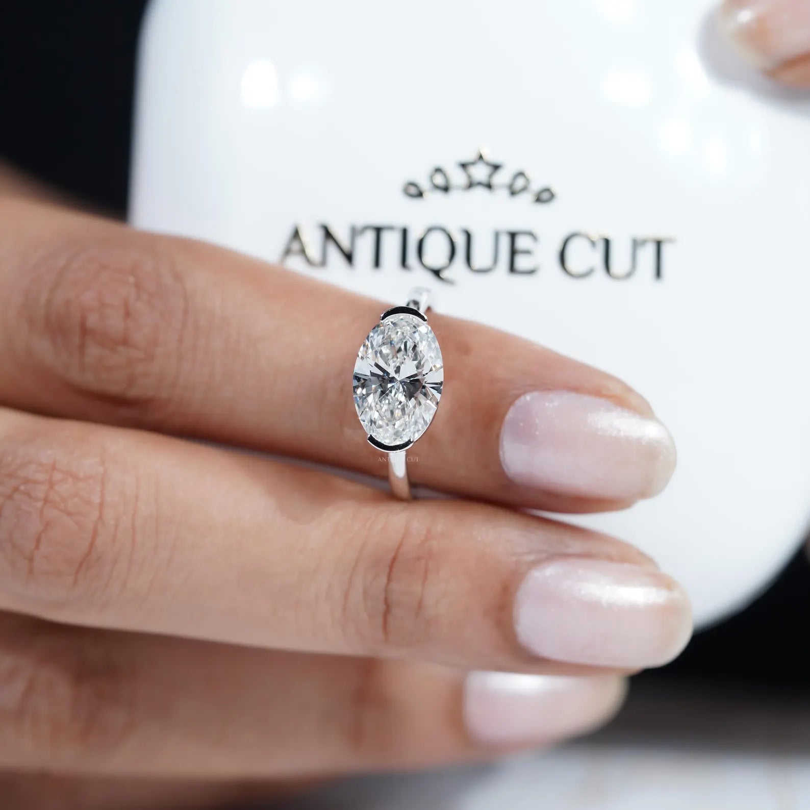 3.05ct East West Oval Cut Half Bezel Lab Diamond Engagement Ring in Solid Gold