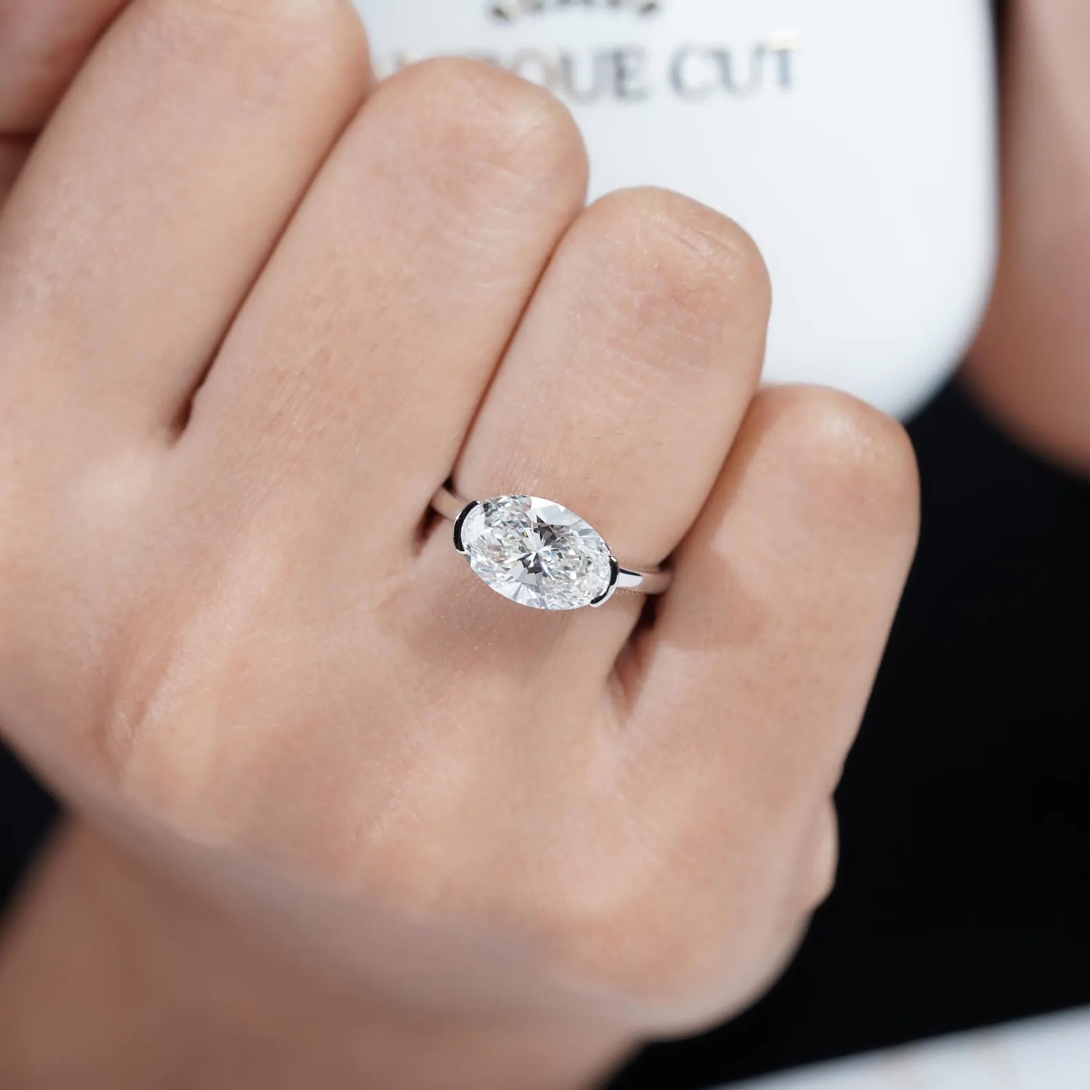 3.05ct East West Oval Cut Half Bezel Lab Diamond Engagement Ring in Solid Gold