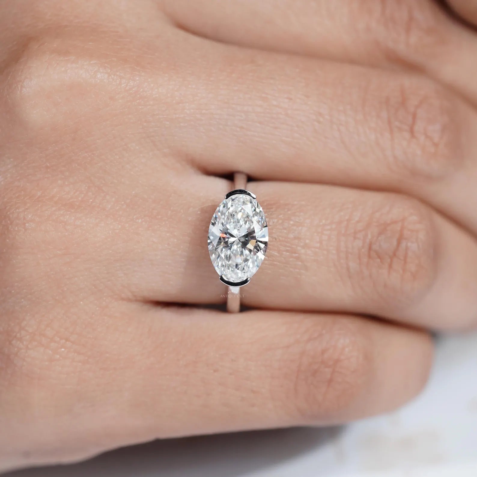 3.05ct East West Oval Cut Half Bezel Lab Diamond Engagement Ring in Solid Gold