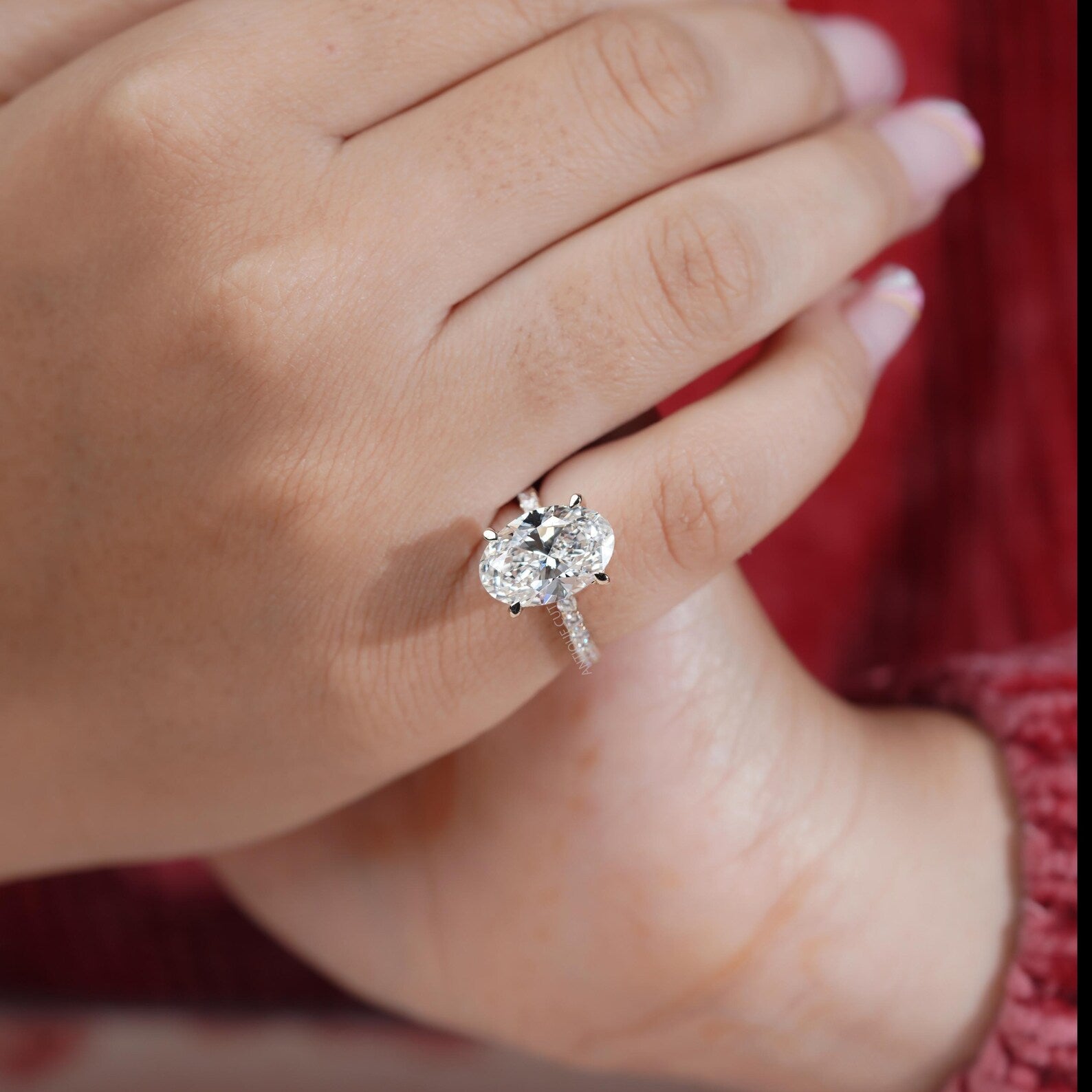 3.15ct Oval Cut Diamond Engagement Ring | 2.50ct Oval Center with Hidden Halo | Pave Band Diamond Ring