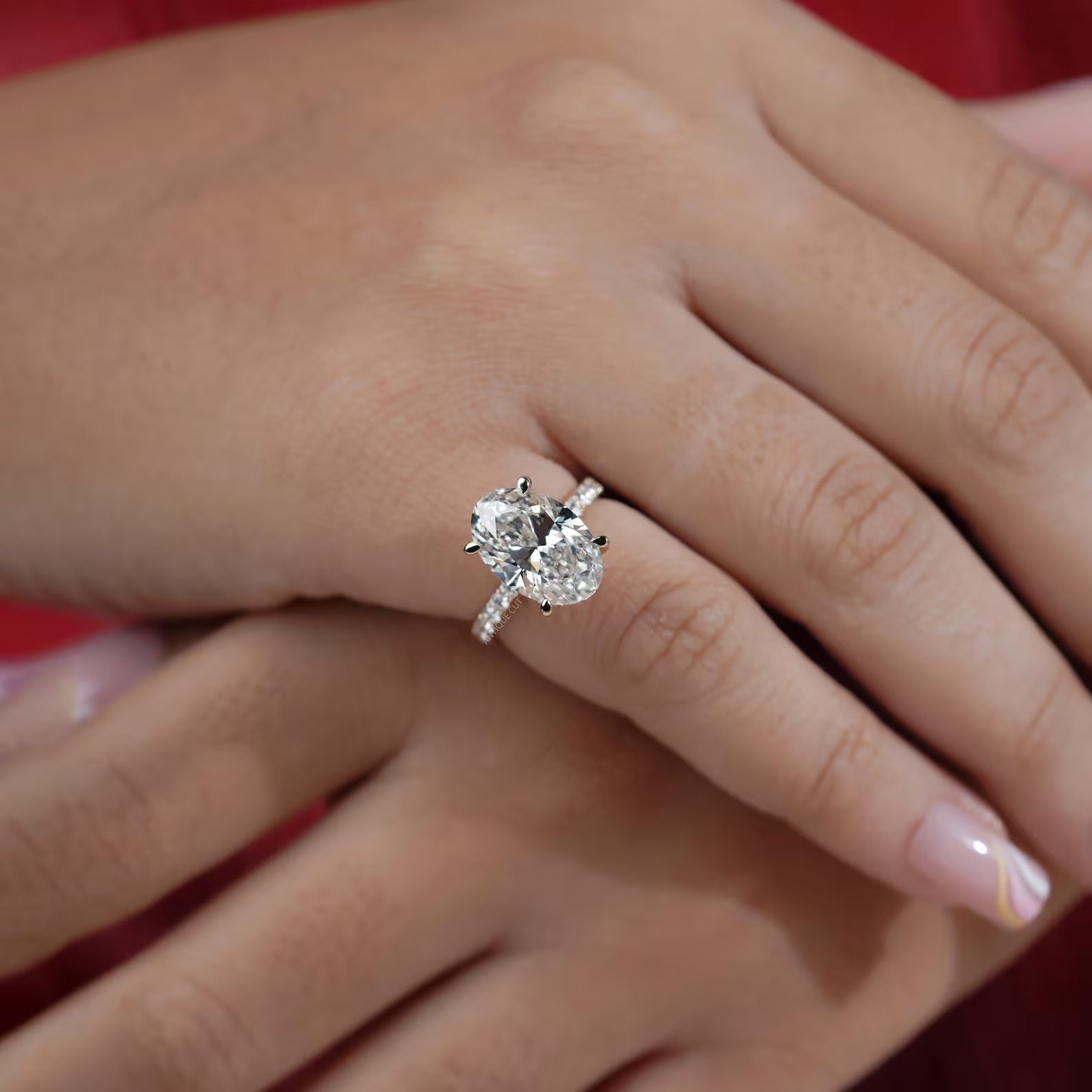 3.15ct Oval Cut Diamond Engagement Ring | 2.50ct Oval Center with Hidden Halo | Pave Band Diamond Ring