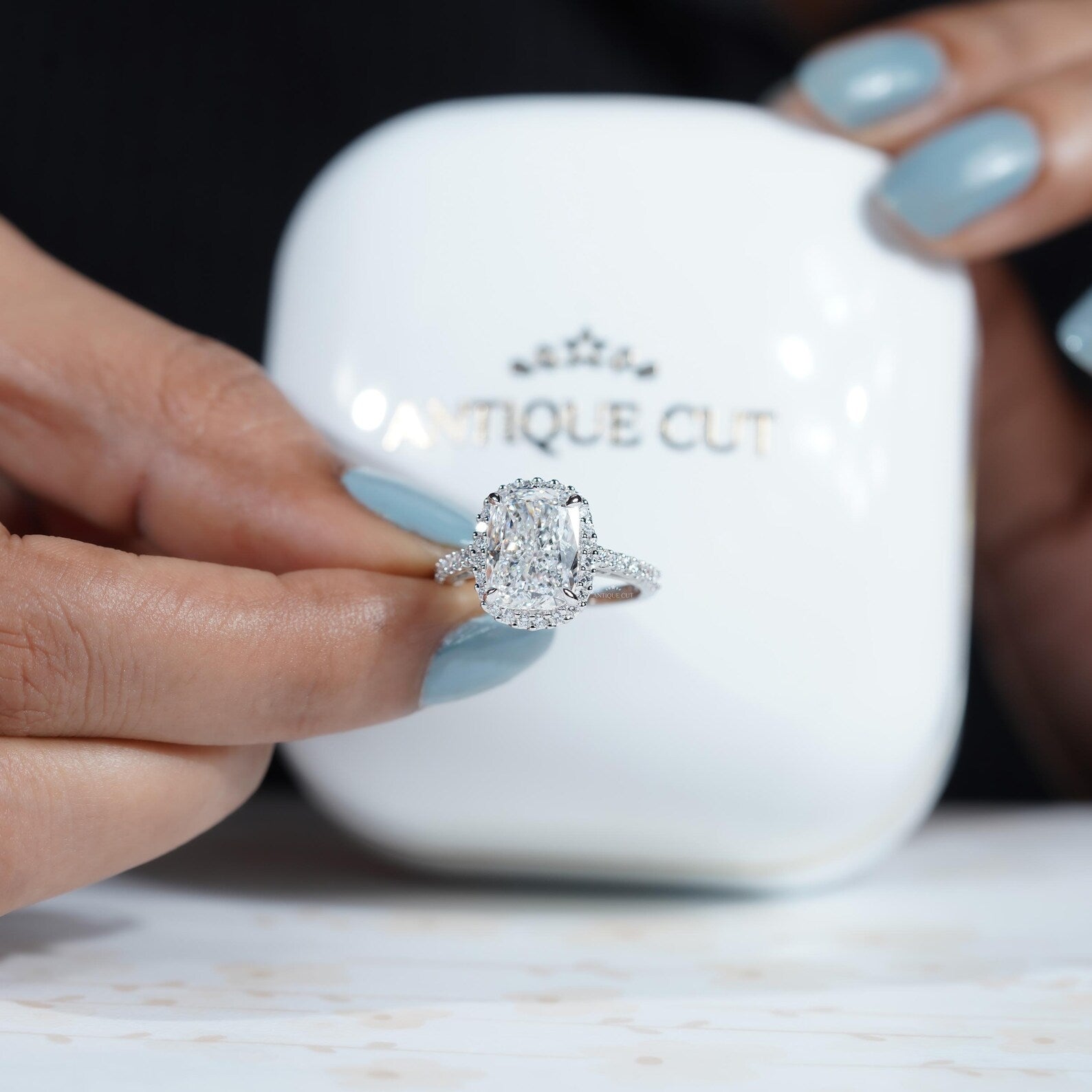 4.80 TCW Cushion Cut Diamond Halo Engagement Ring, Pave Side Stones, IGI Certified.