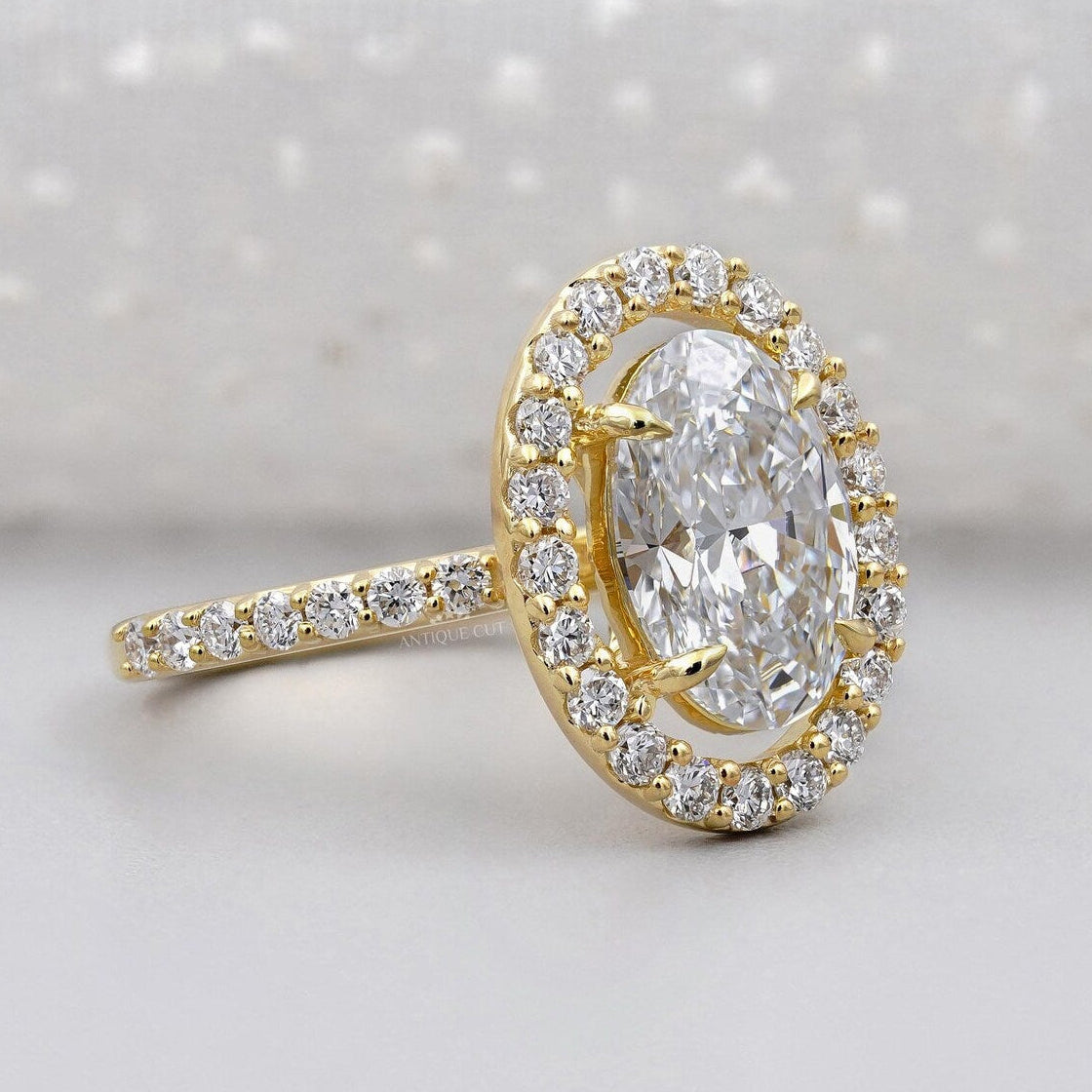 Oval diamond halo engagement ring top view