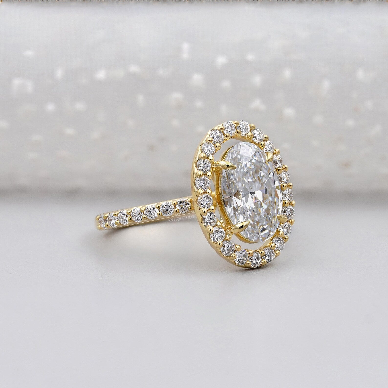 3.20TCW Oval Cut Lab Grown Diamond, 0.70ct Round Halo Engagement Ring, Pave Band, Yellow Gold Ring, IGI Certified D-E-F VVS-VS.