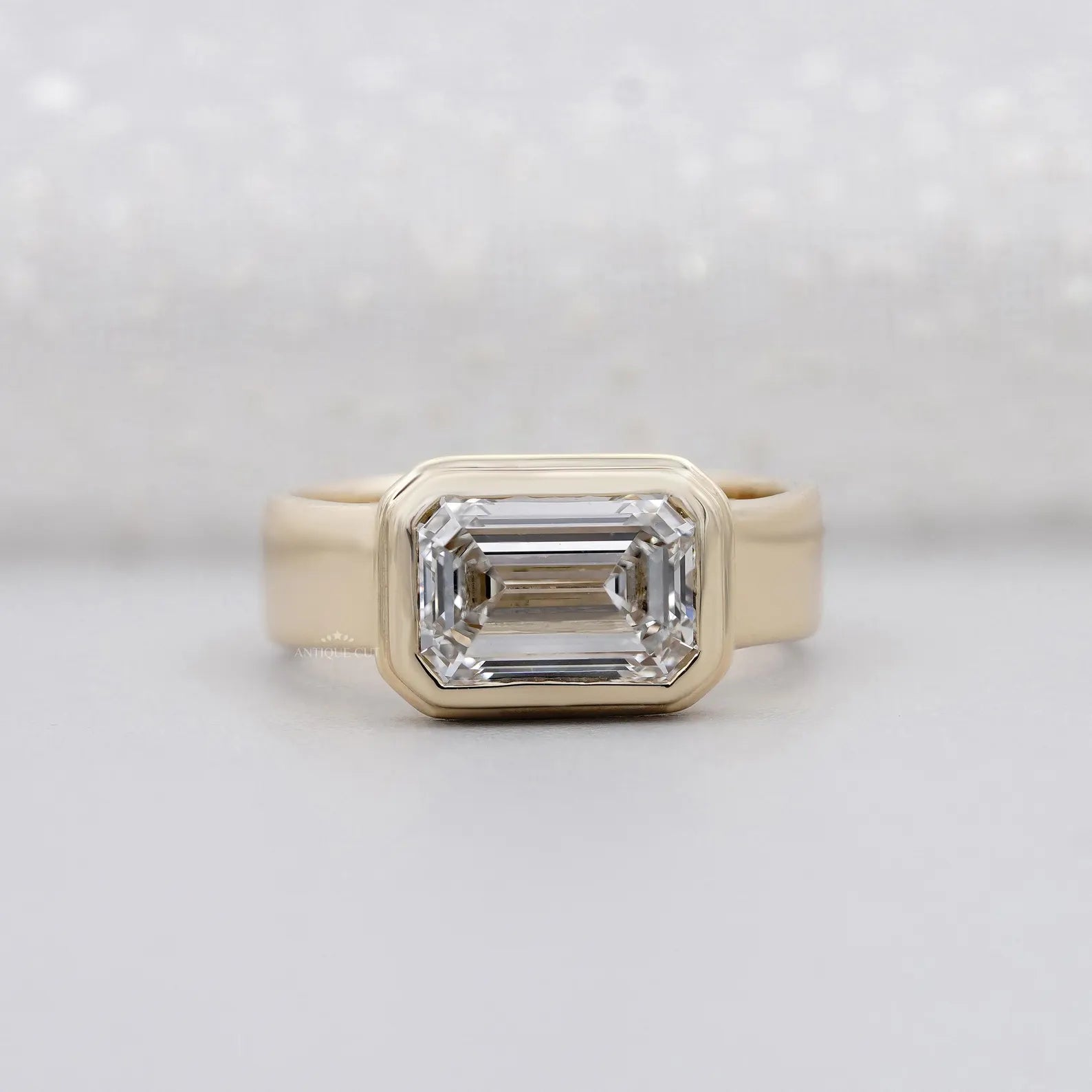 3.00ct Emerald Cut Bezel Set Engagement Ring • Modern Gold Solitaire • Wide Band Emerald Diamond Ring