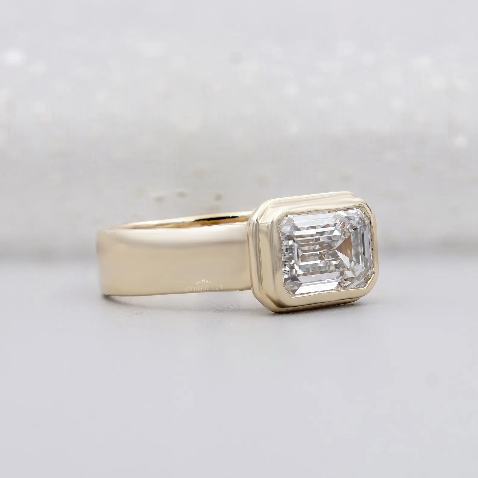 3.00ct Emerald Cut Bezel Set Engagement Ring • Modern Gold Solitaire • Wide Band Emerald Diamond Ring