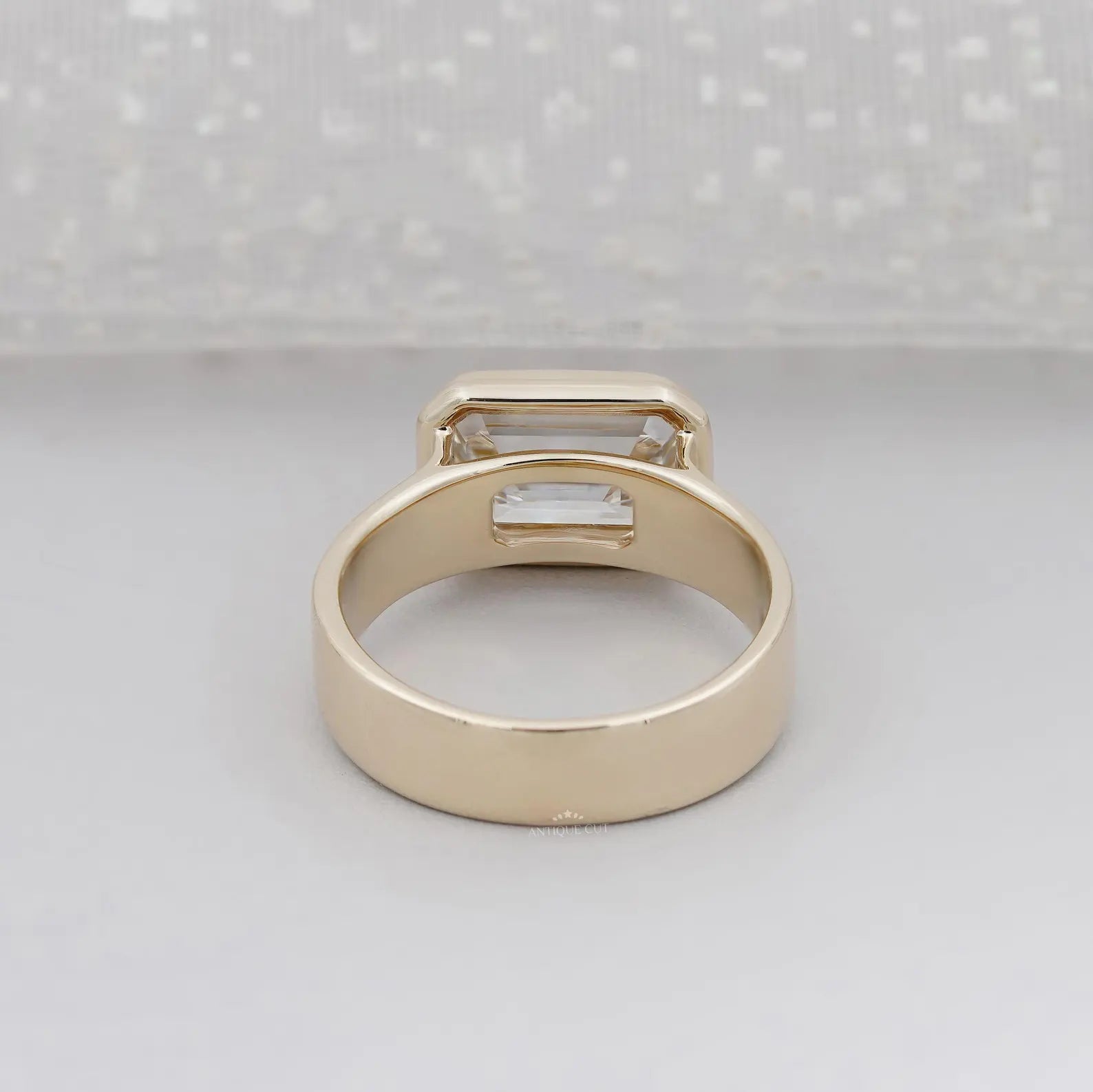 3.00ct Emerald Cut Bezel Set Engagement Ring • Modern Gold Solitaire • Wide Band Emerald Diamond Ring